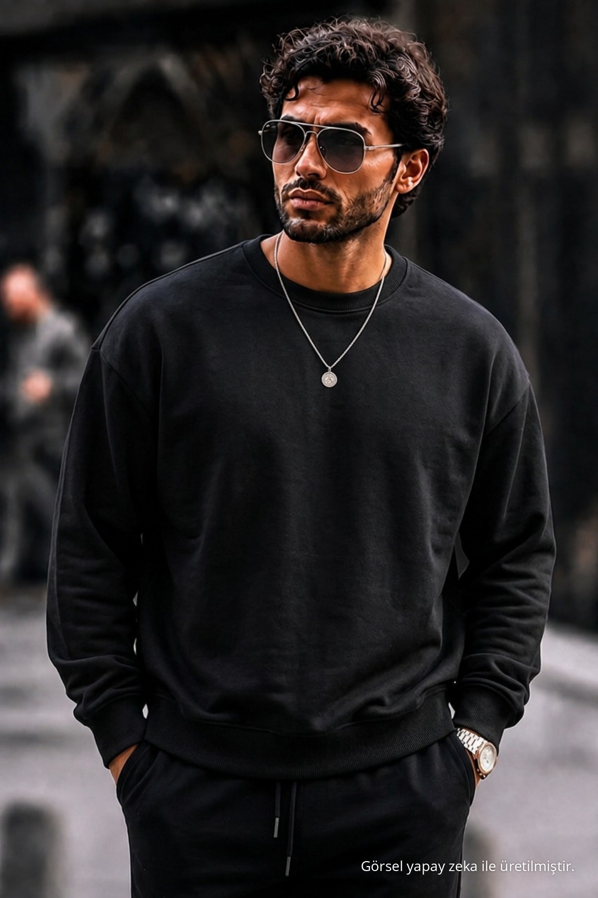 Erkek Kalın Dokuma Siyah Gündelik Sweatshirt 6