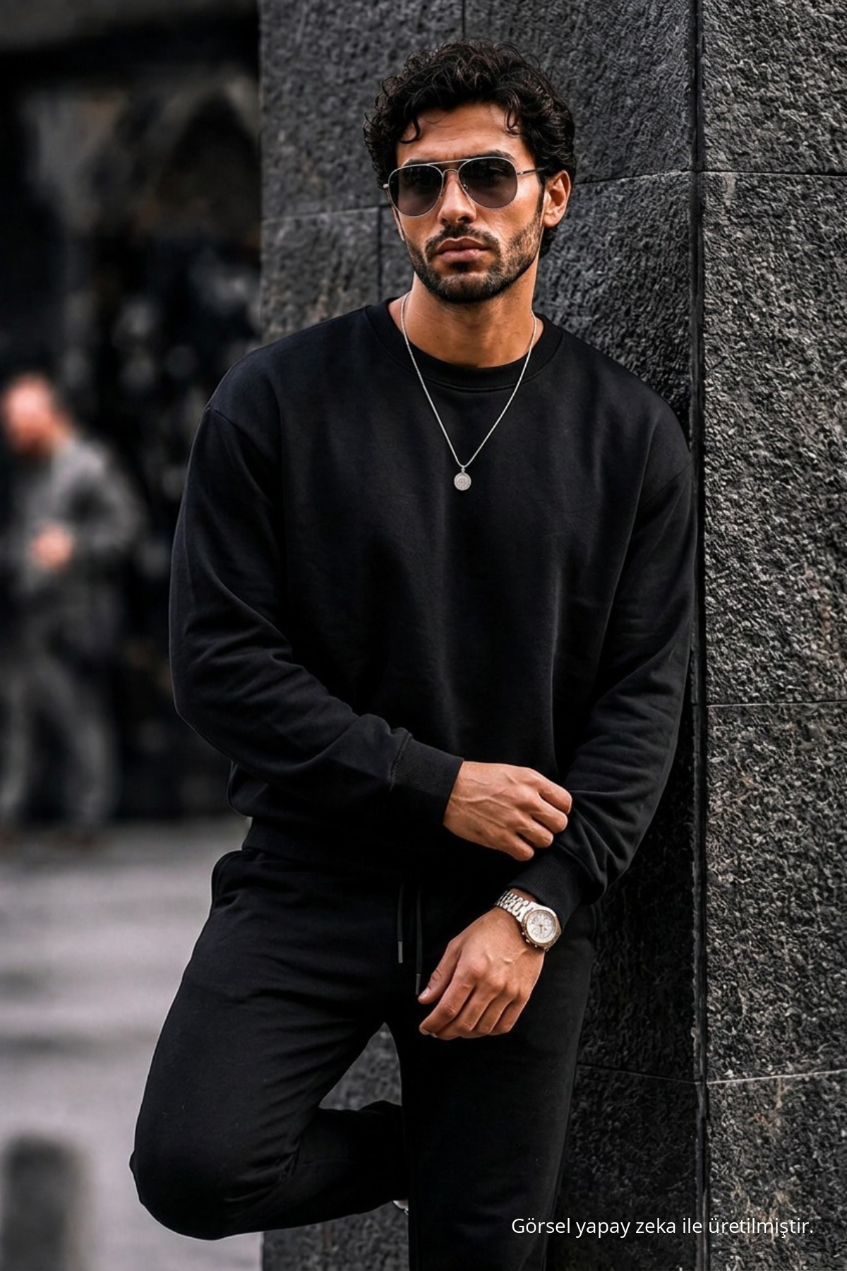 Erkek Kalın Dokuma Siyah Gündelik Sweatshirt 3