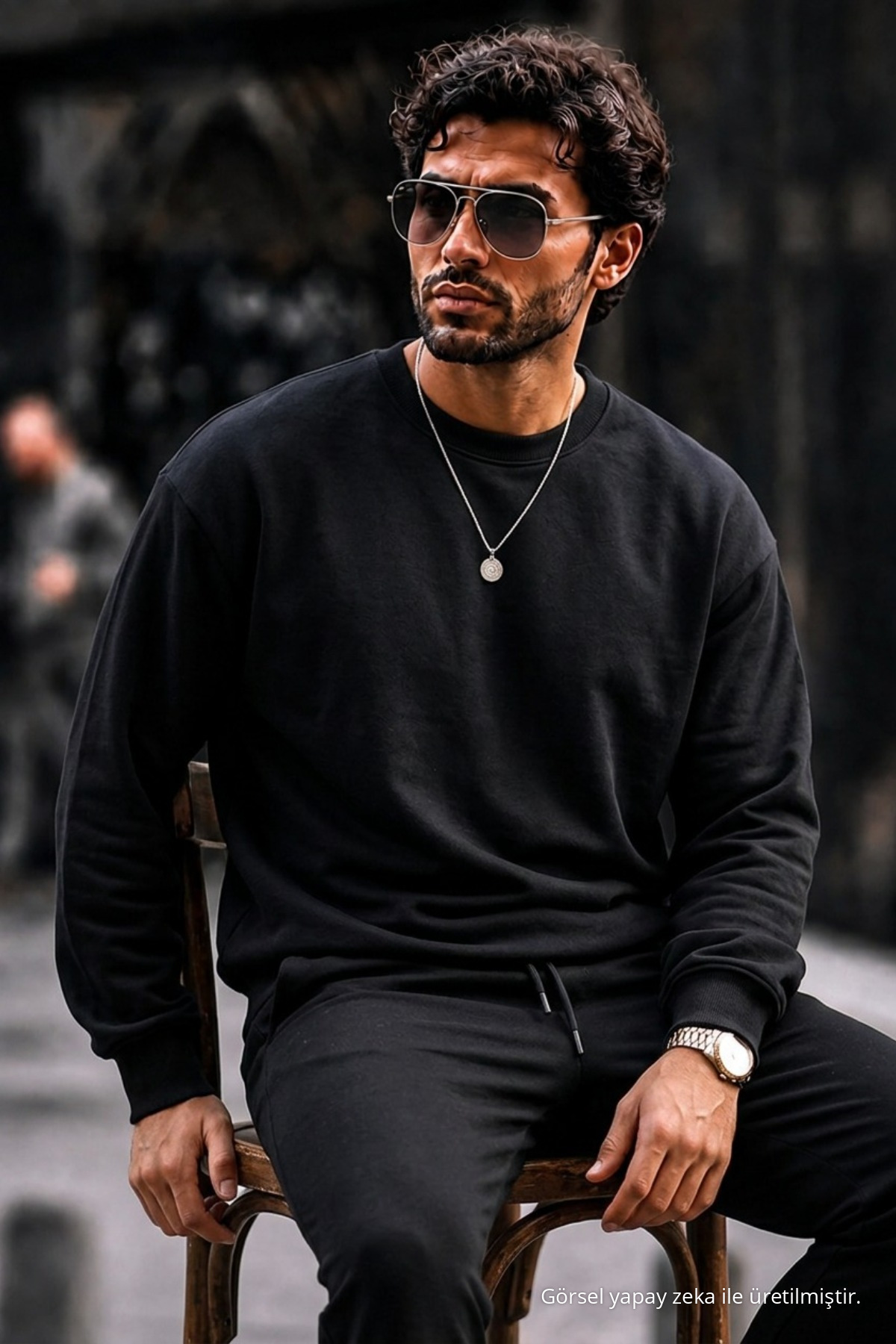 Erkek Kalın Dokuma Siyah Gündelik Sweatshirt 4
