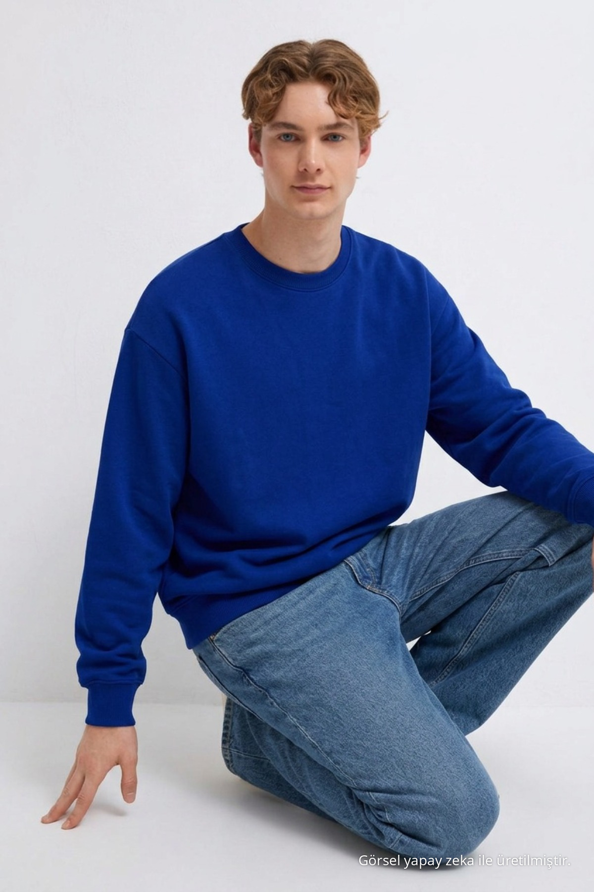 Erkek 3 İplik Organik Trend Mavi Sweatshirt 4