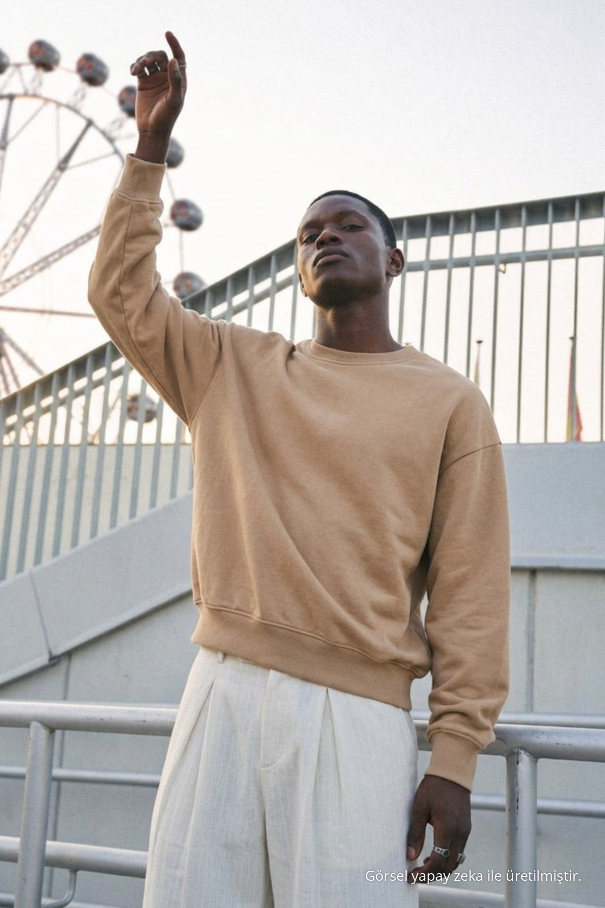 Erkek %100 Pamuk Regular Fit Açık Bej Sweatshirt 5