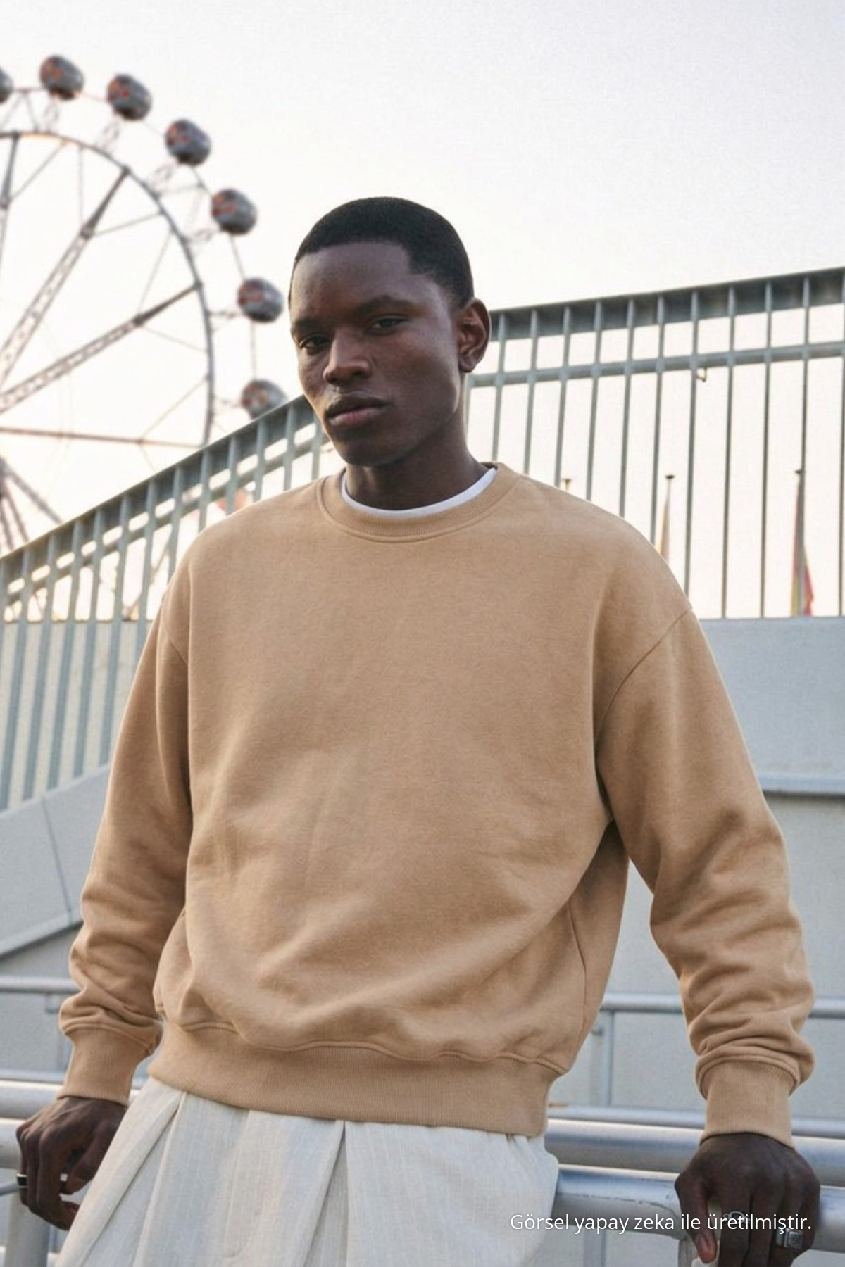 Erkek %100 Pamuk Regular Fit Açık Bej Sweatshirt 4