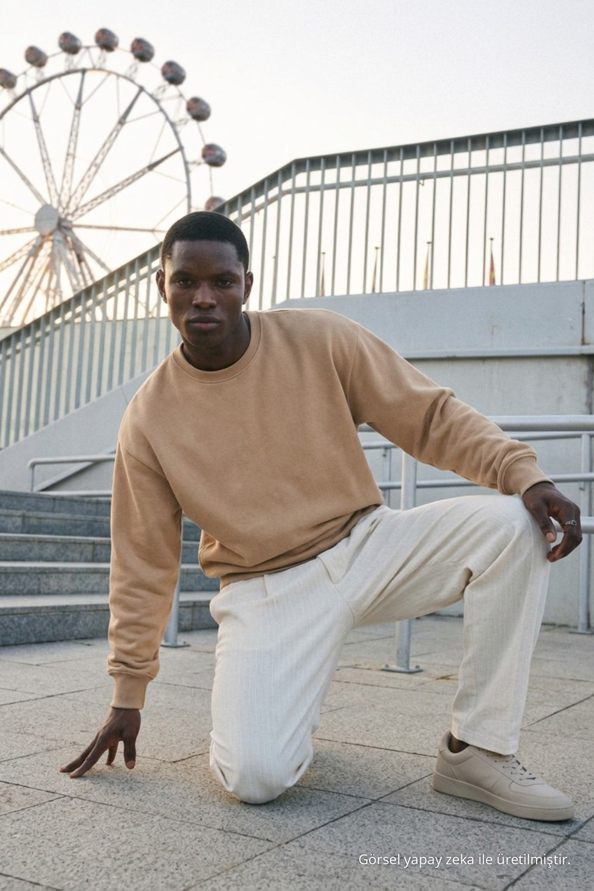 Erkek %100 Pamuk Regular Fit Açık Bej Sweatshirt 3