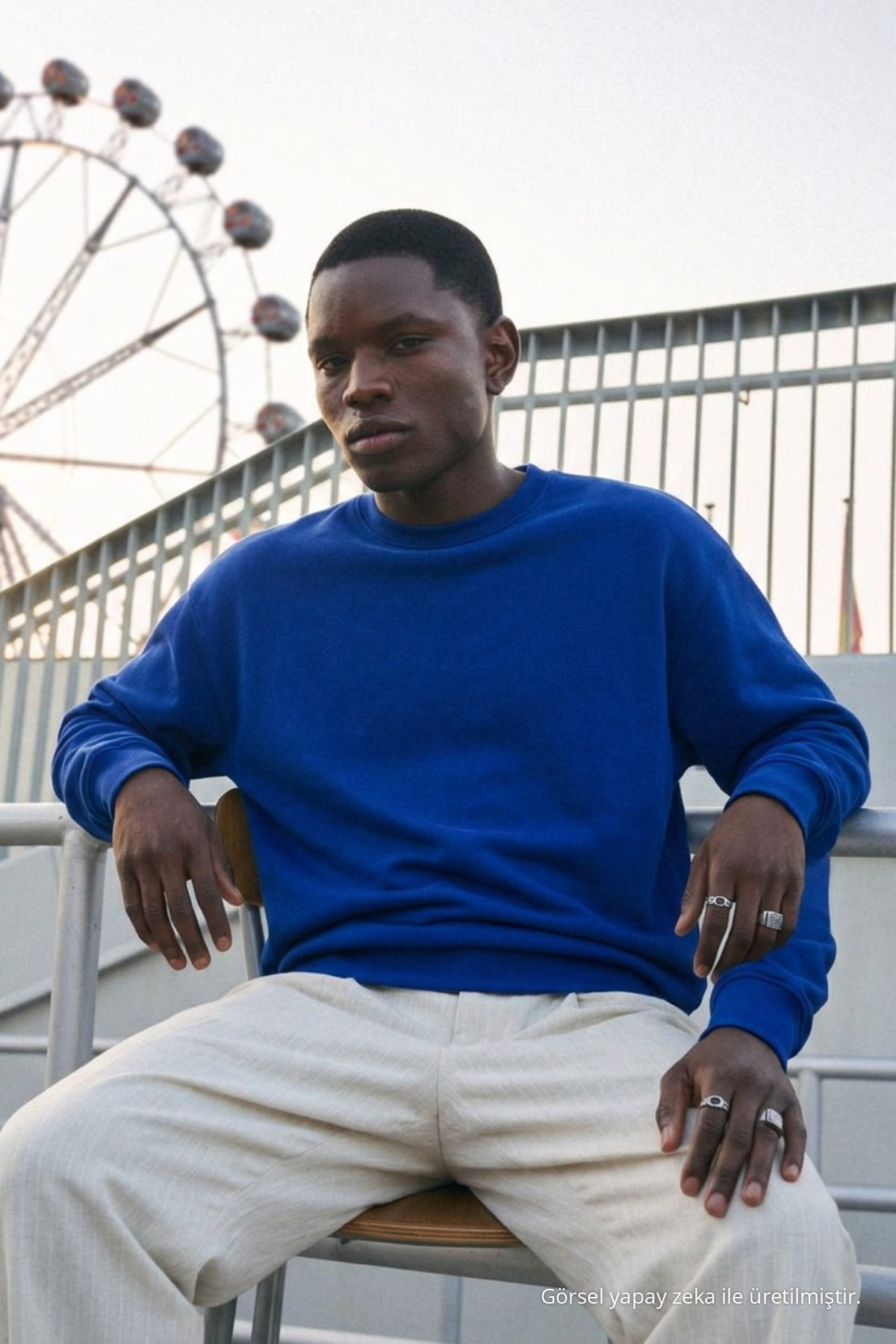 Erkek %100 Pamuk Regular Fit Mavi Sweatshirt 3