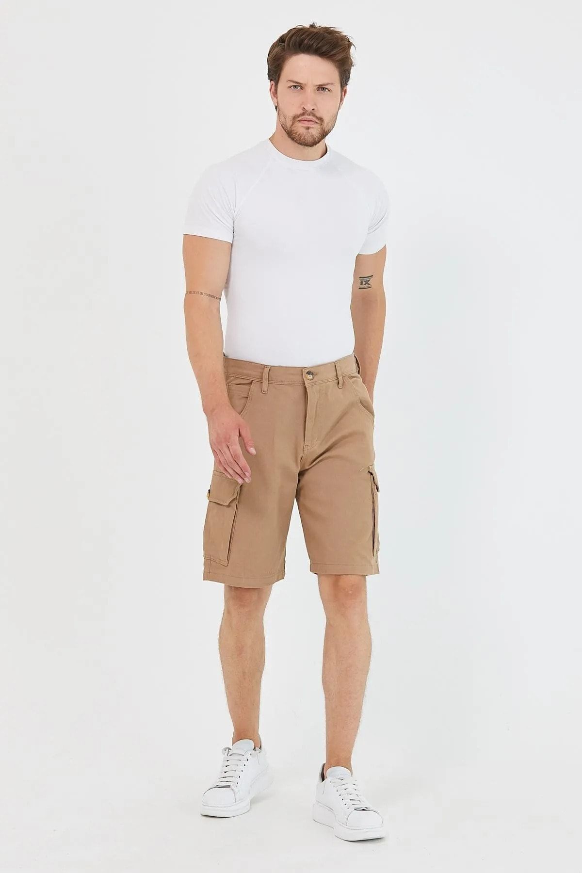 Erkek Slim Fit Kargo Cep Kapri Şort Kahverengi 4