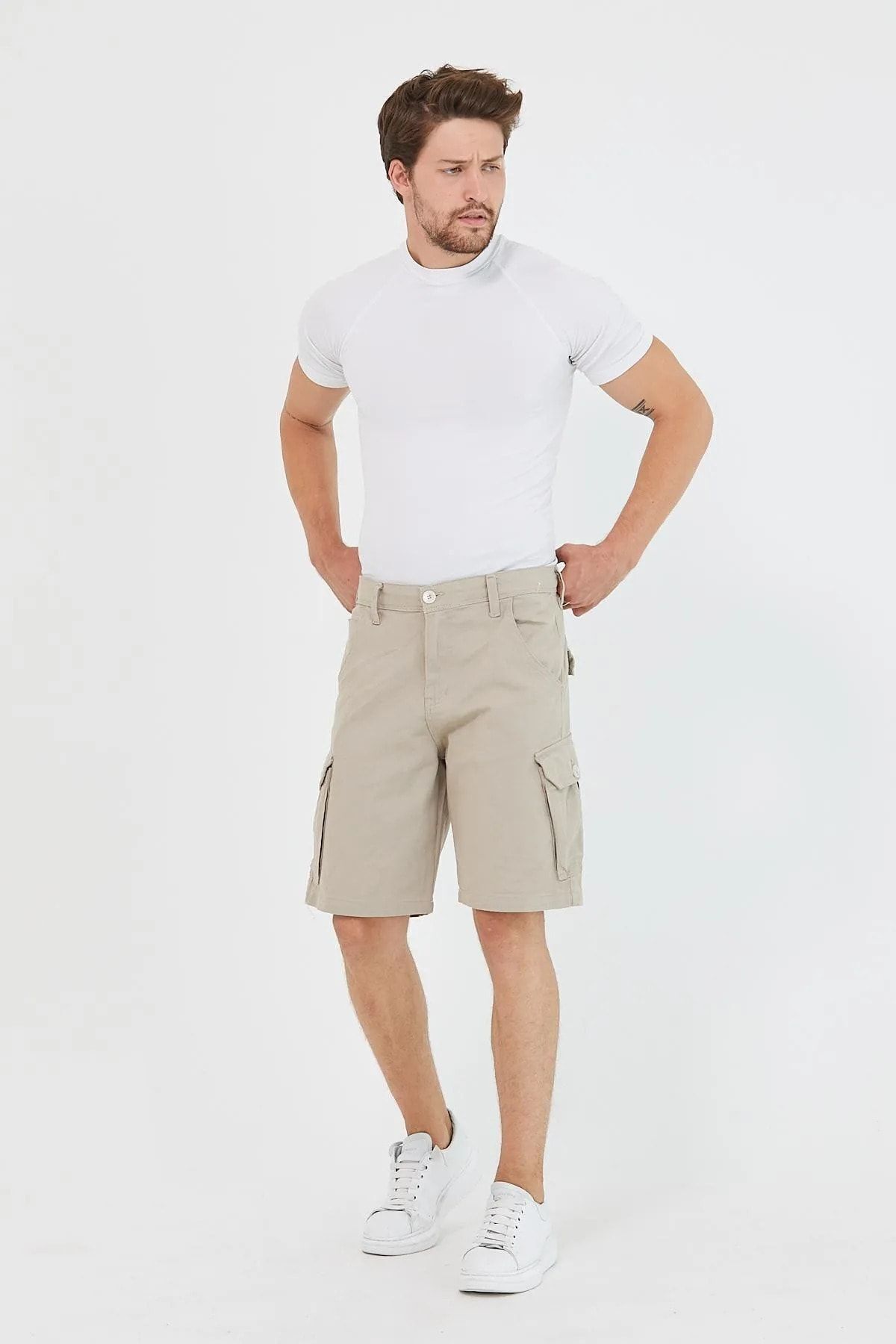 Erkek Slim Fit Kargo Cep Kapri Şort Taş 3