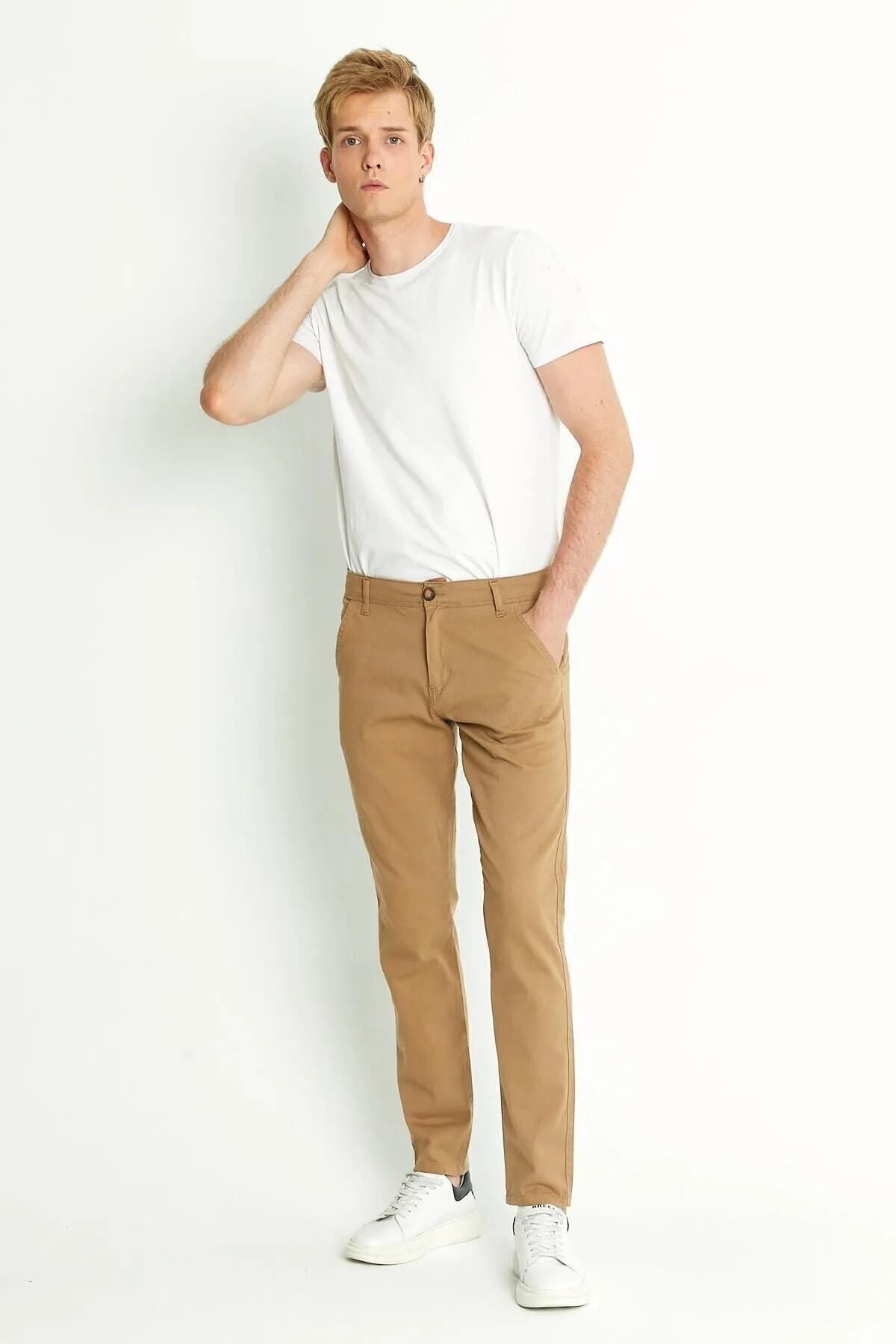 Erkek Rahat Klasik Kesim Günlük Modern Şık Chino Pantolon Camel 3