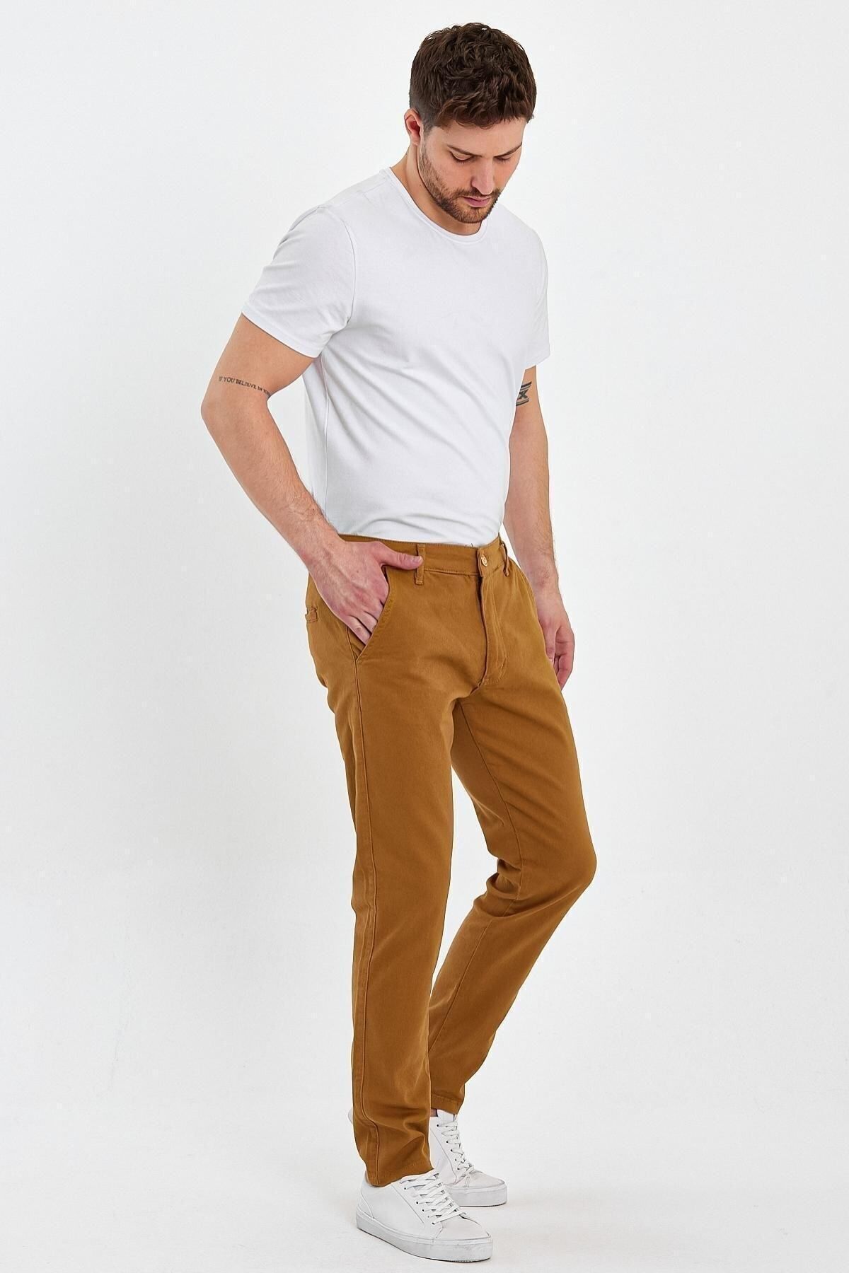 Erkek Rahat Klasik Kesim Günlük Modern Şık Chino Pantolon Taba 4