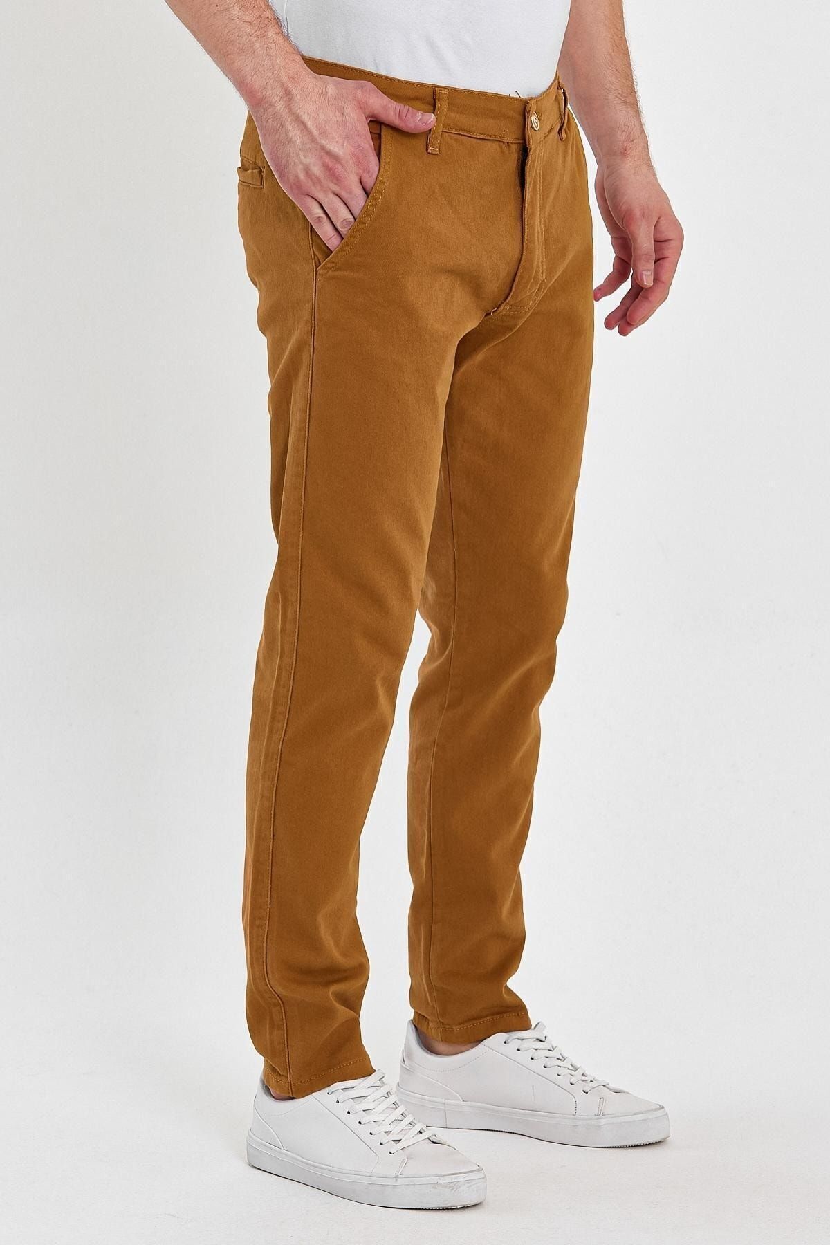 Erkek Rahat Klasik Kesim Günlük Modern Şık Chino Pantolon Taba 3
