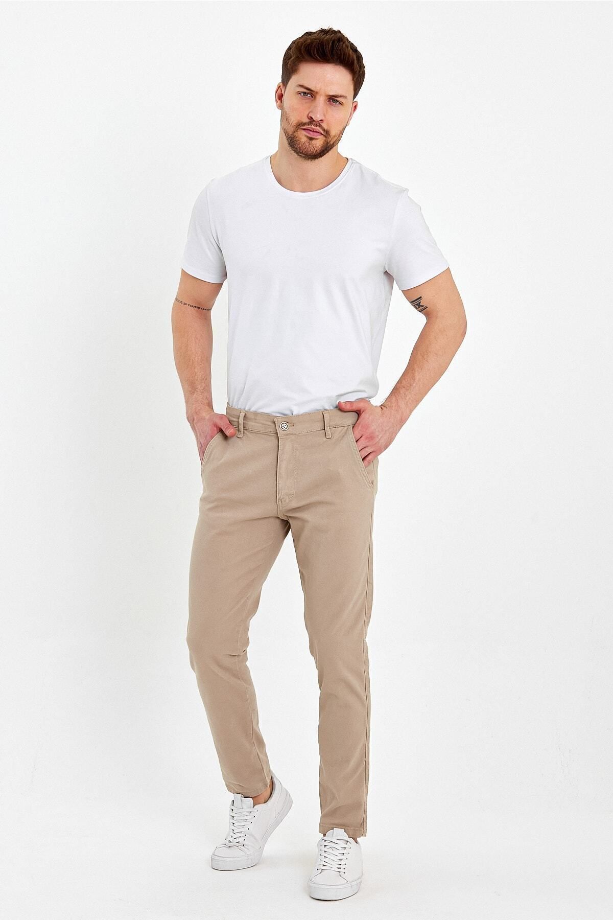 Erkek Rahat Klasik Kesim Günlük Modern Şık Chino Pantolon Taş 4