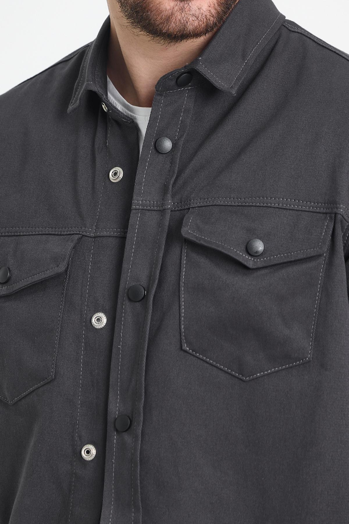 Erkek Hakim Yaka Oversize Basic Antrasit Gömlek 4
