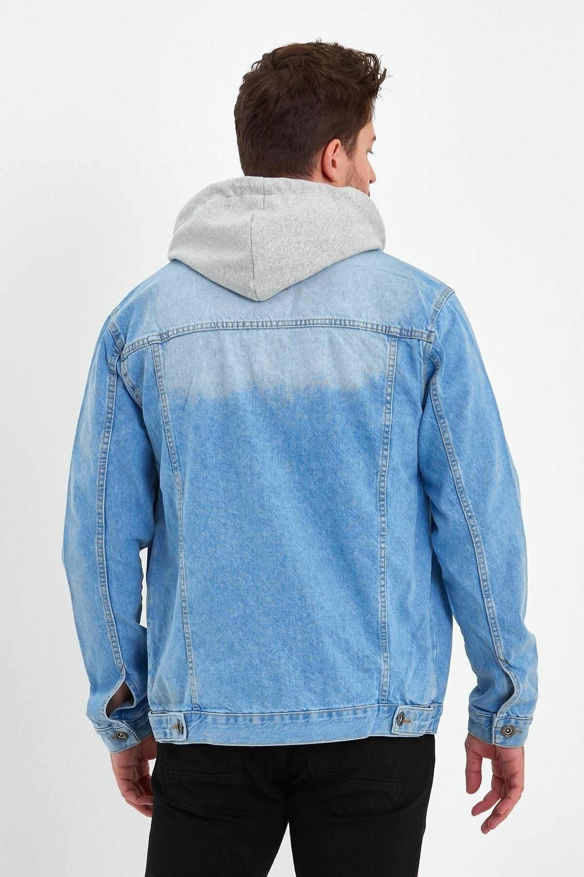Erkek Klasik Şehirli Tarzda Denim Günlük Kullanım Için Kapşonlu Kot Ceket Açık Mavi 5