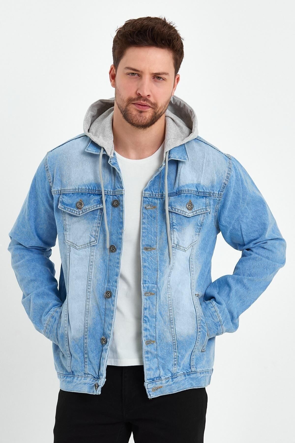 Erkek Klasik Şehirli Tarzda Denim Günlük Kullanım Için Kapşonlu Kot Ceket Açık Mavi 4