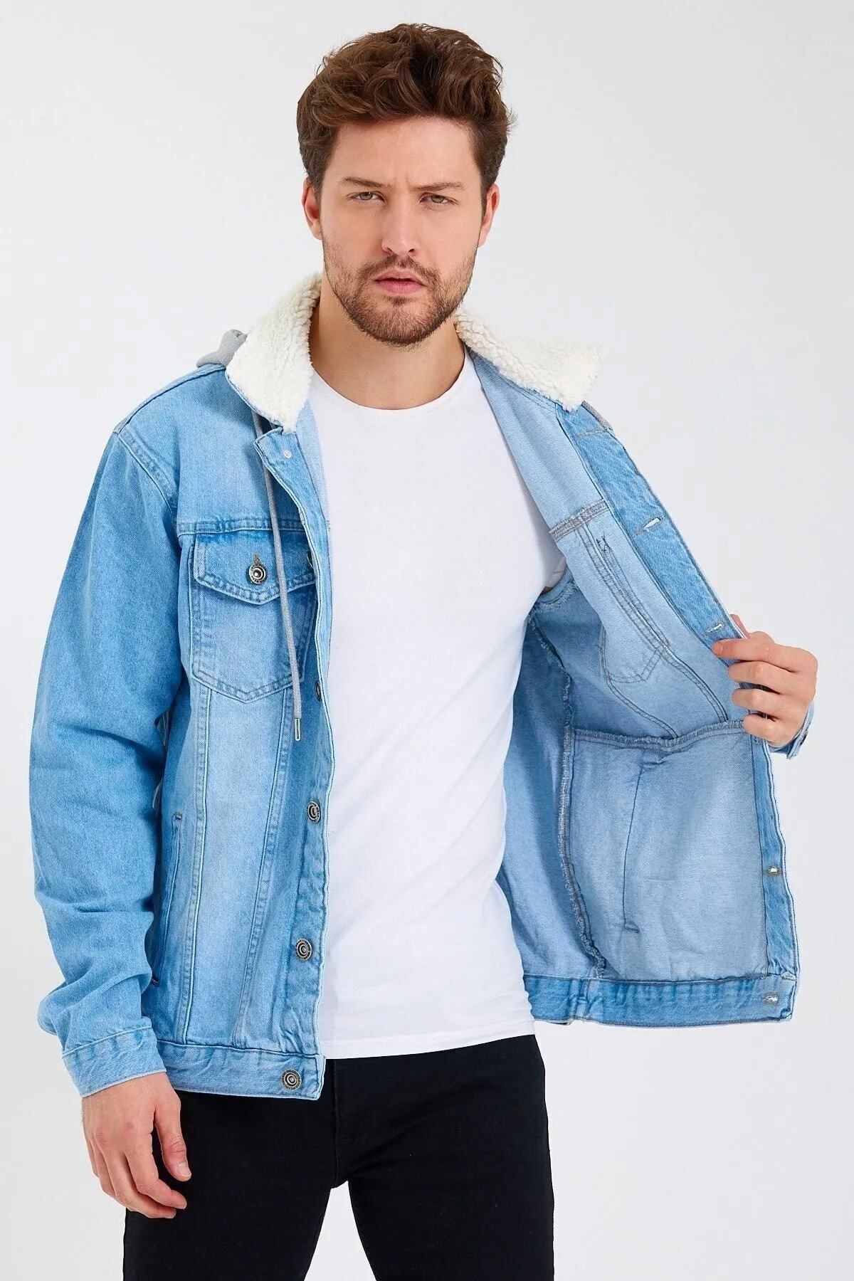 Erkek Mevsimlik Klasik Denim Günlük Kapüşonlu Kot Ceket Buz Mavi 3