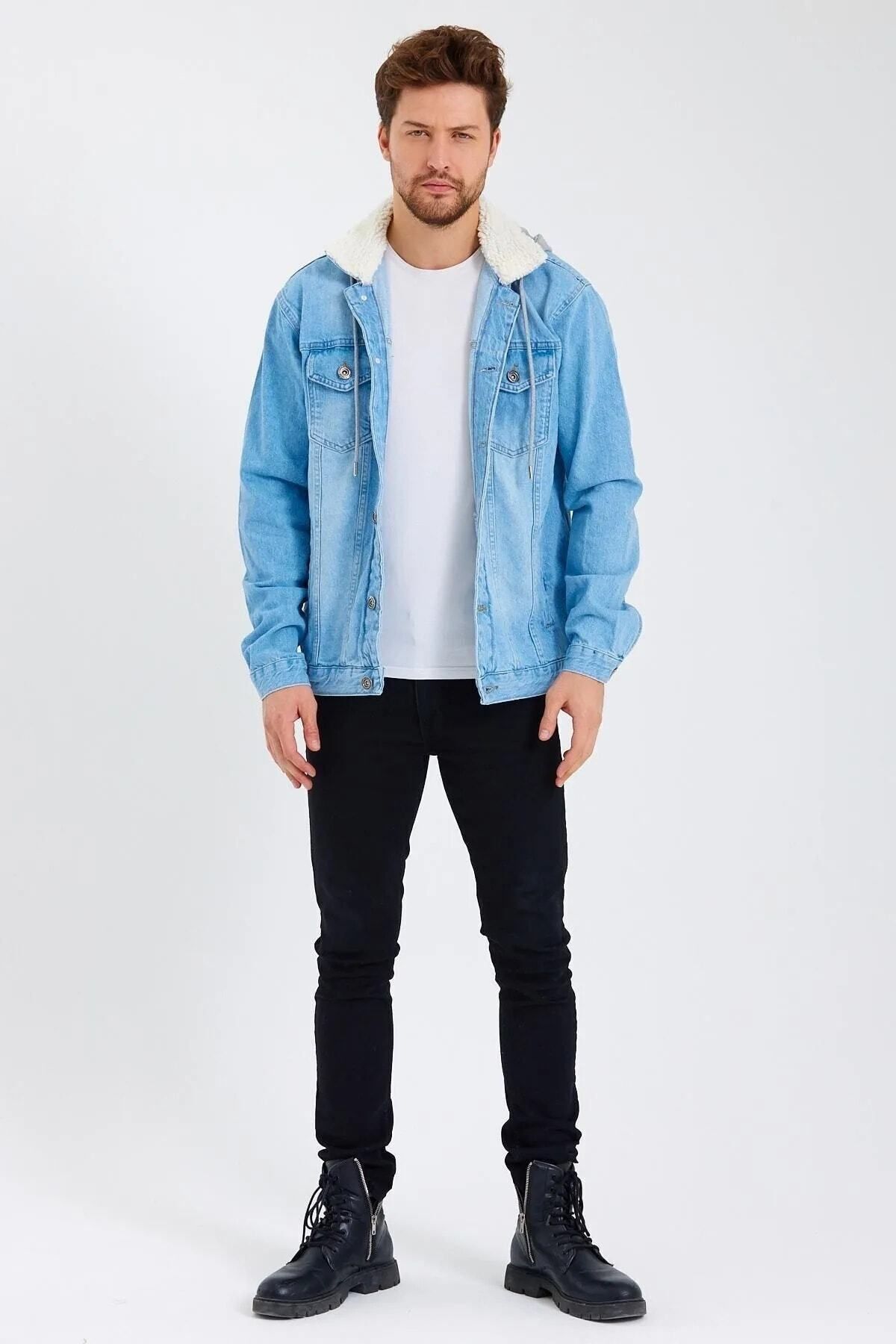 Erkek Mevsimlik Klasik Denim Günlük Kapüşonlu Kot Ceket Buz Mavi 4