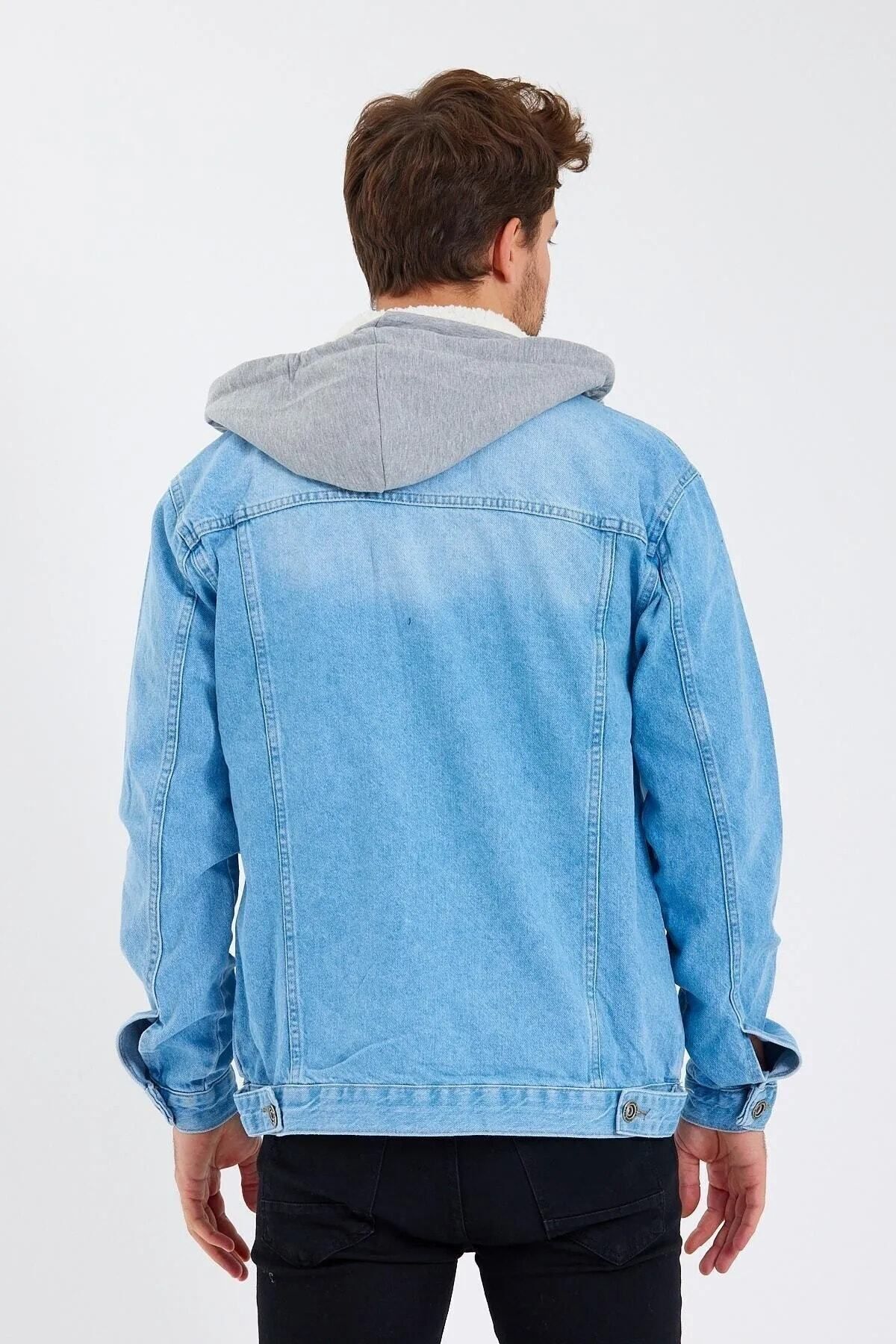 Erkek Mevsimlik Klasik Denim Günlük Kapüşonlu Kot Ceket Buz Mavi 5