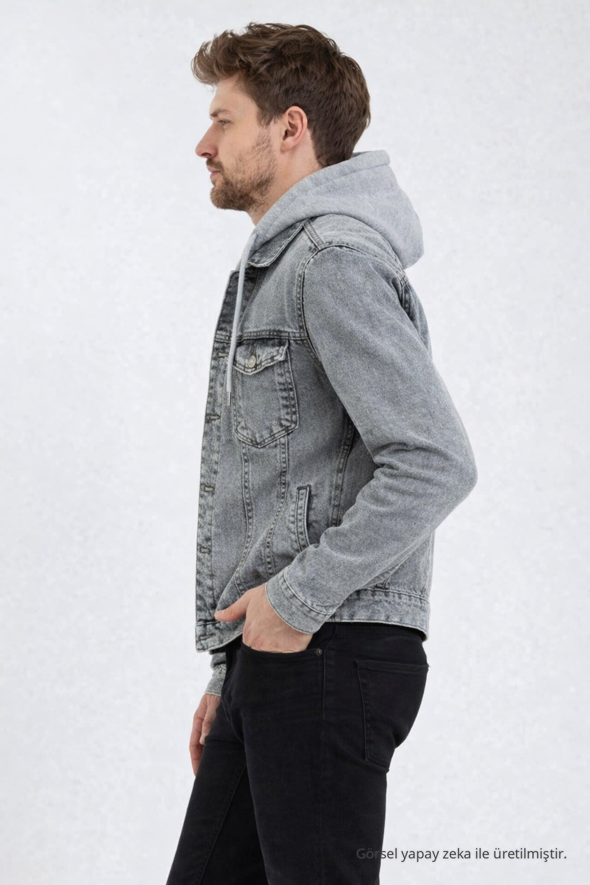 Erkek Denim Günlük Kapşonlu Gri Kot Ceket 4