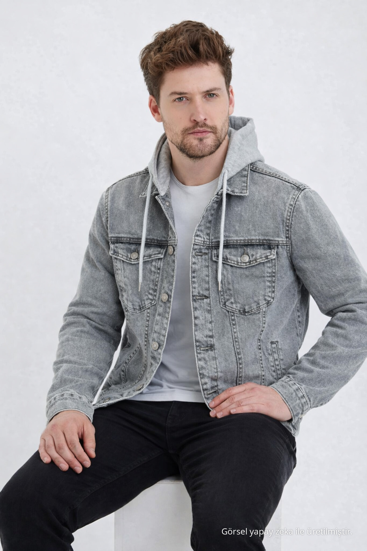 Erkek Denim Günlük Kapşonlu Gri Kot Ceket 5