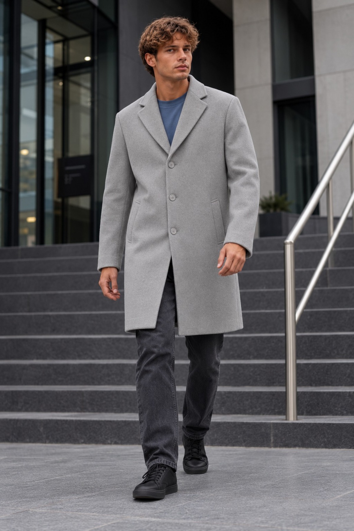 Erkek Şık Klasik Uzun Gri Kaban Palto 5