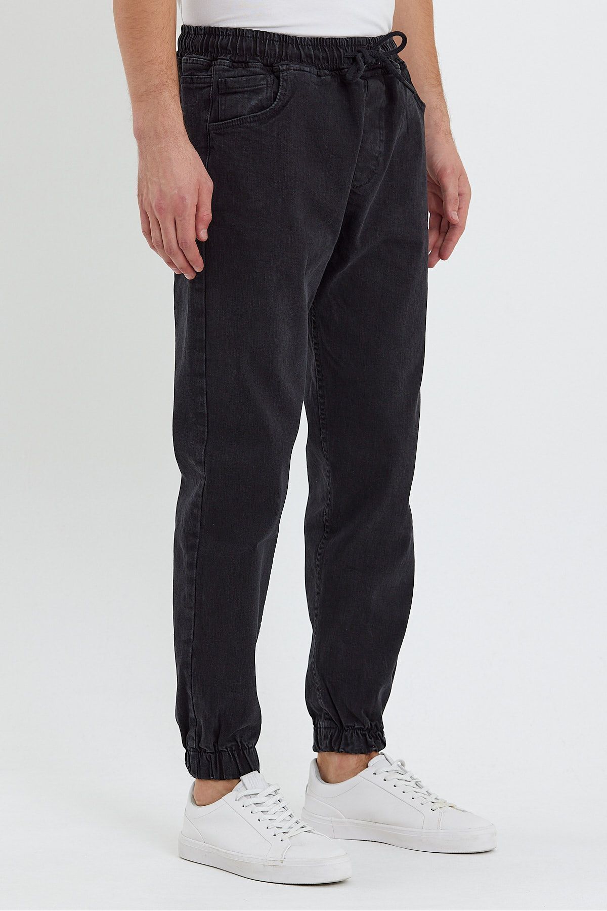 Erkek Jeans Yüksek Bel Lastikli Siyah Kot Jogger Pantolon 3