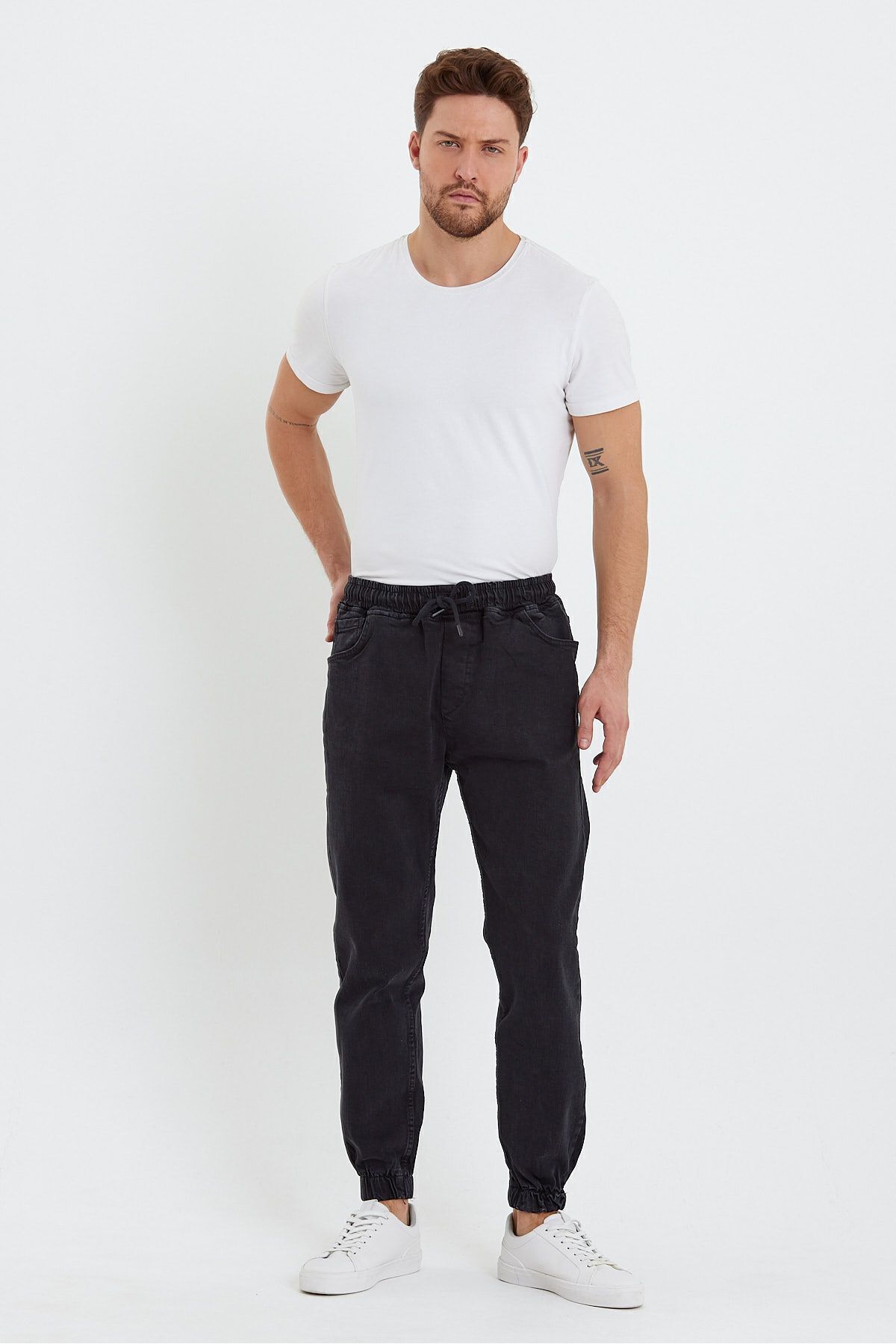 Erkek Jeans Yüksek Bel Lastikli Siyah Kot Jogger Pantolon 4