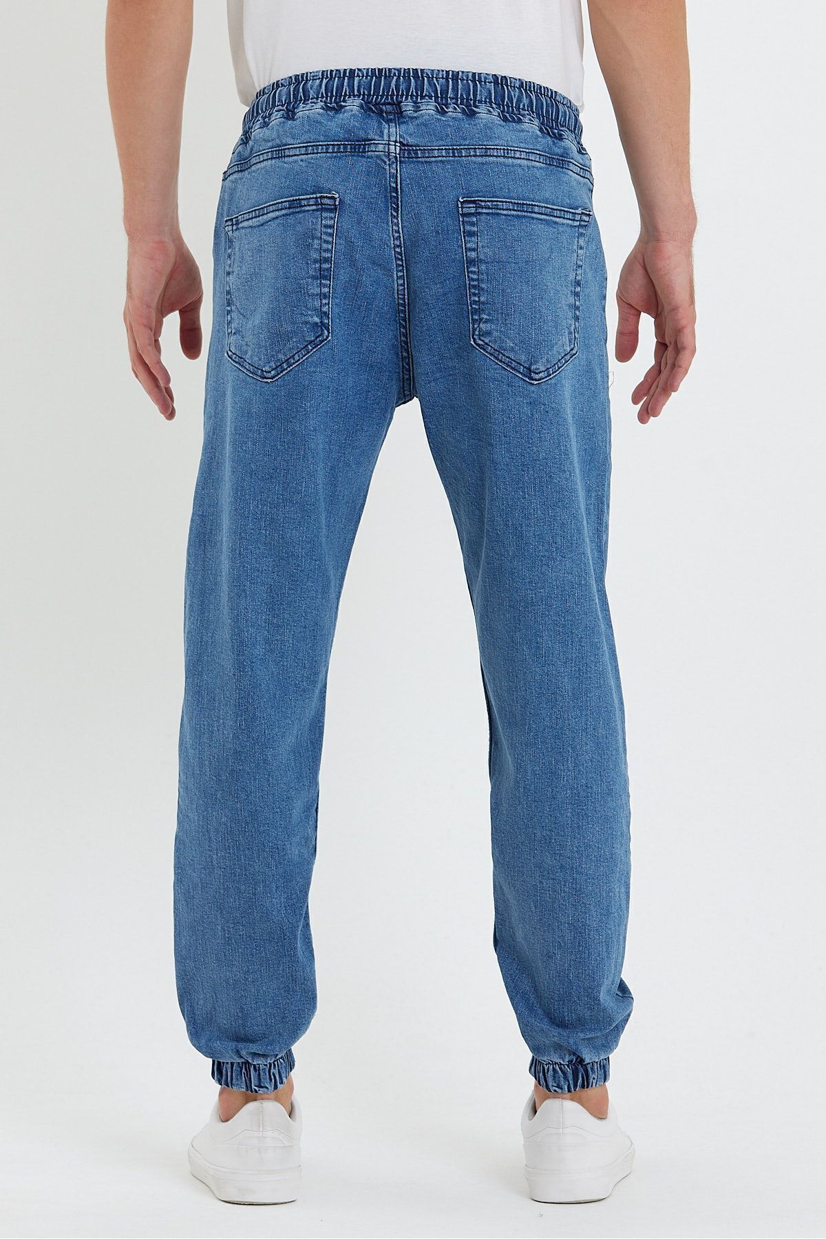 Erkek Jeans Yüksek Bel Lastikli Mavi Kot Jogger Pantolon 5