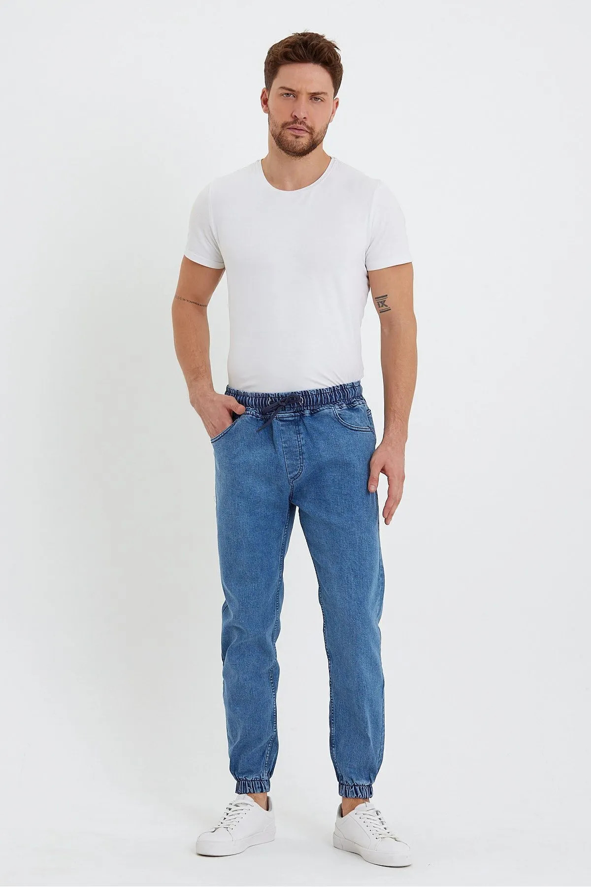 Erkek Jeans Yüksek Bel Lastikli Mavi Kot Jogger Pantolon 4