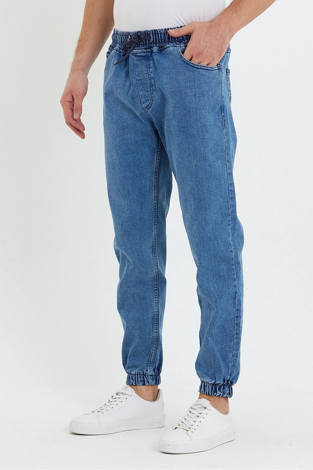 Erkek Jeans Yüksek Bel Lastikli Mavi Kot Jogger Pantolon 3