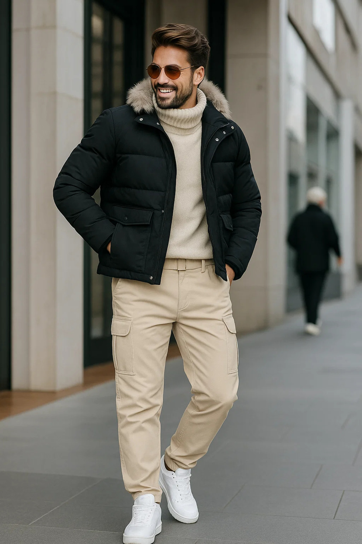 Erkek Bol Paça Kargo Cepli Krem Baggy Pantolon 6