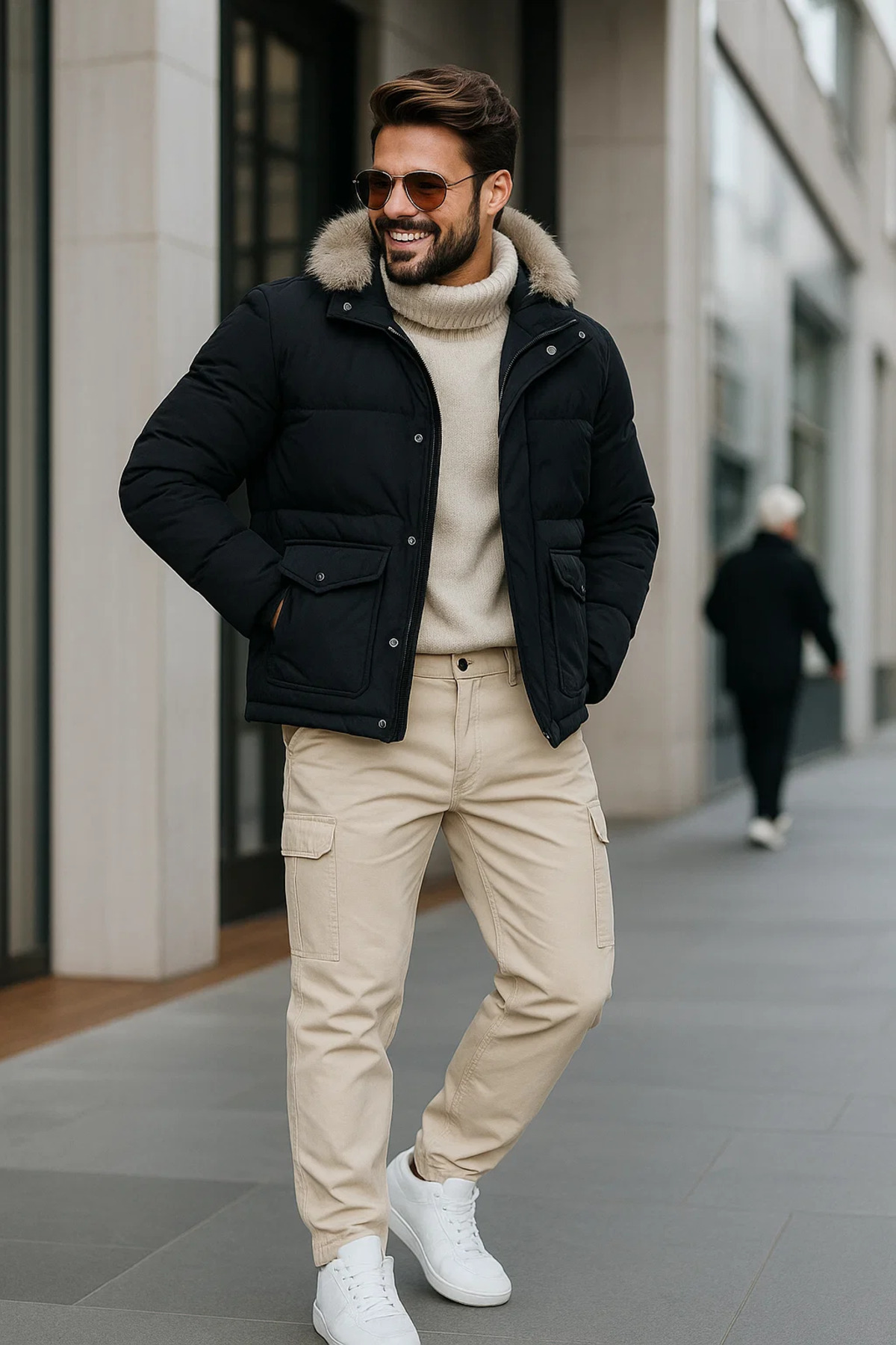Erkek Bol Paça Kargo Cepli Krem Baggy Pantolon 3