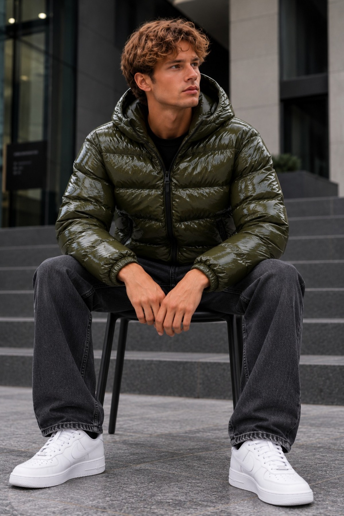Erkek Kapüşonlu Parlak Kışlık Casual Haki Mont 3