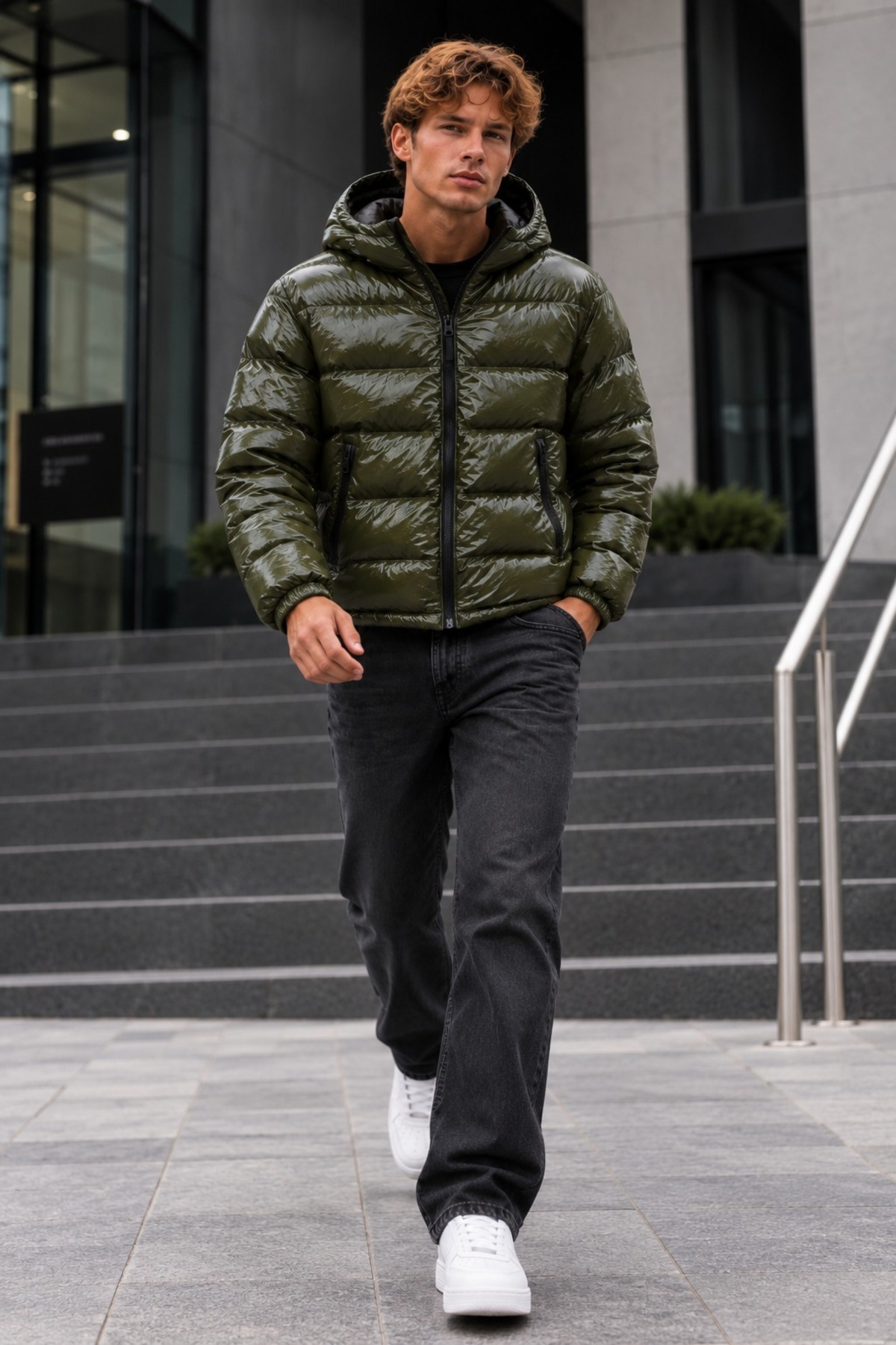 Erkek Kapüşonlu Parlak Kışlık Casual Haki Mont 6