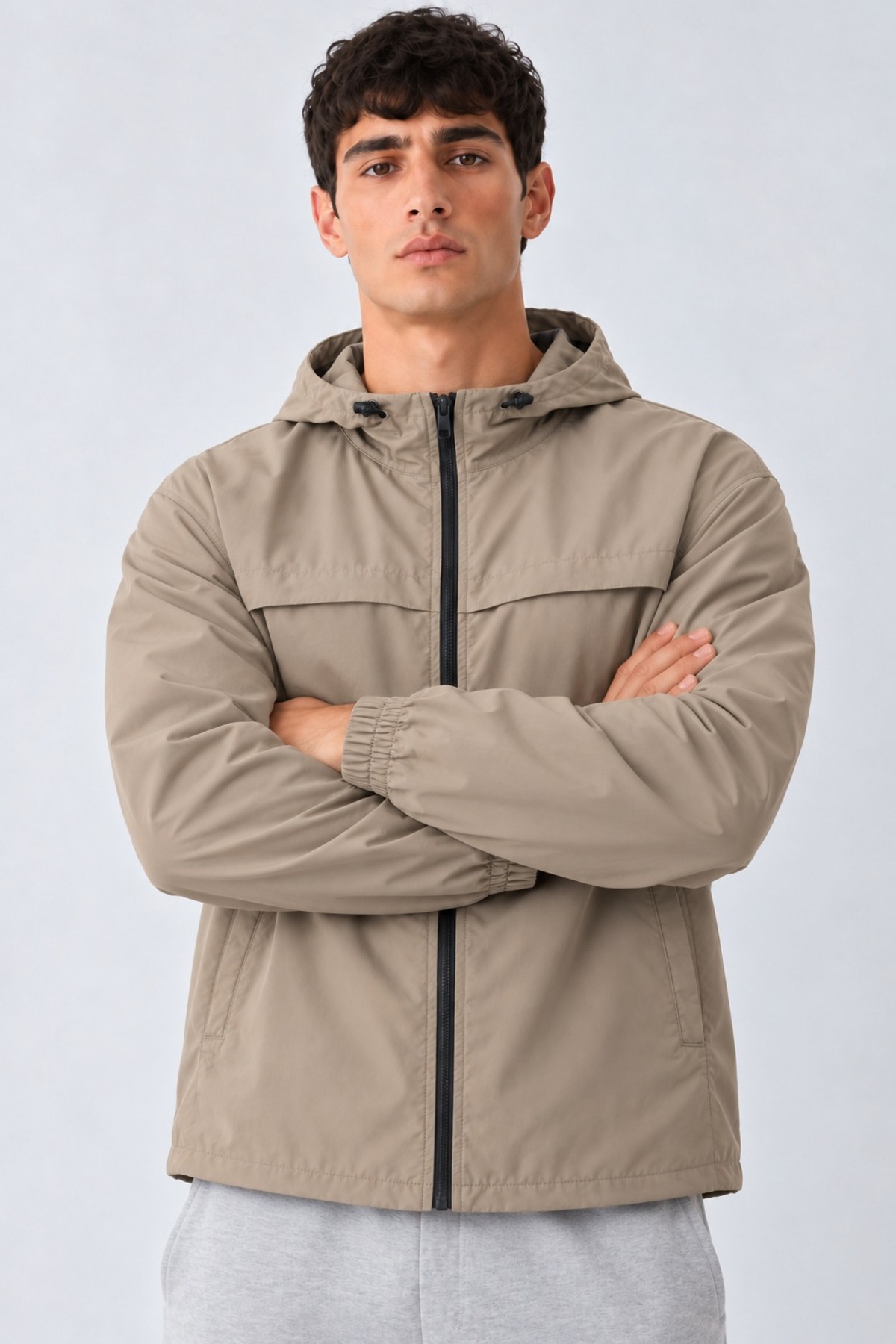 Erkek Kapüşonlu Basic Comfort Fit Yağmurluk Bej 5