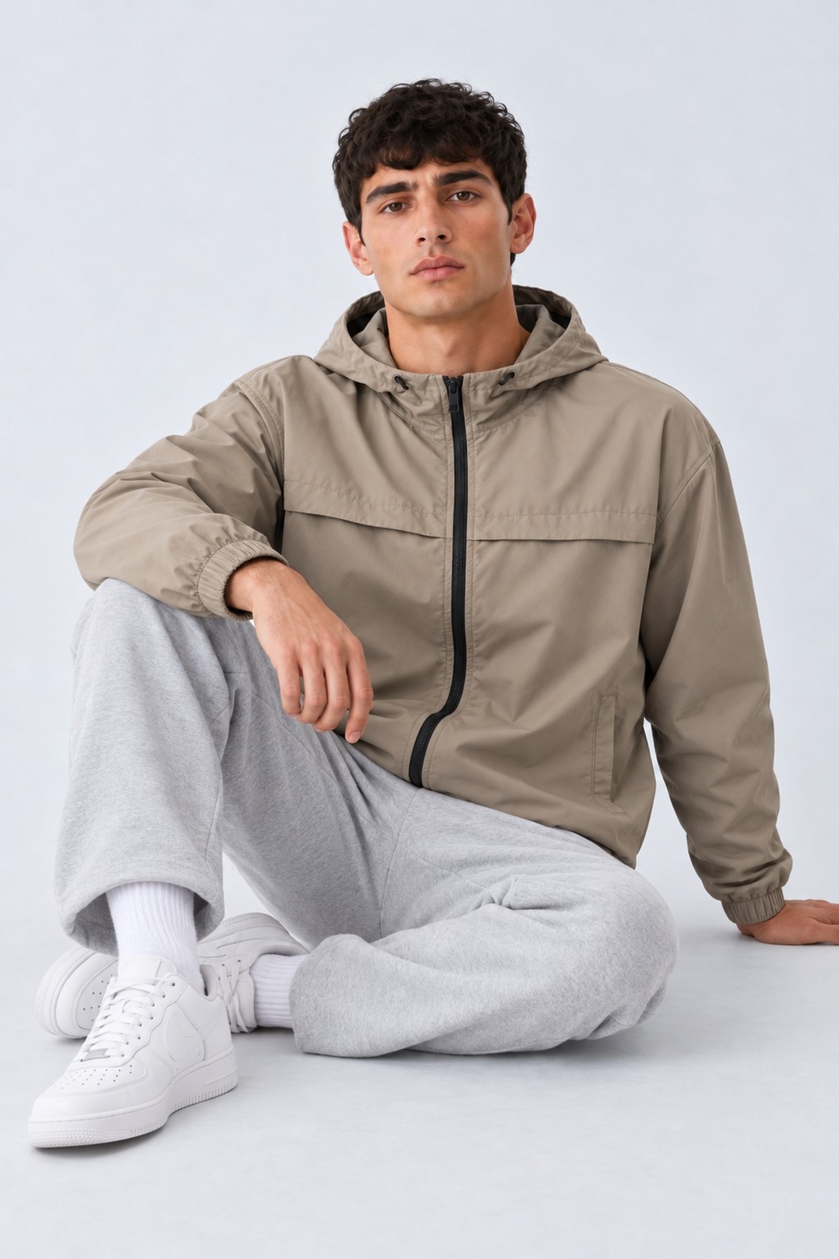 Erkek Kapüşonlu Basic Comfort Fit Yağmurluk Bej 4