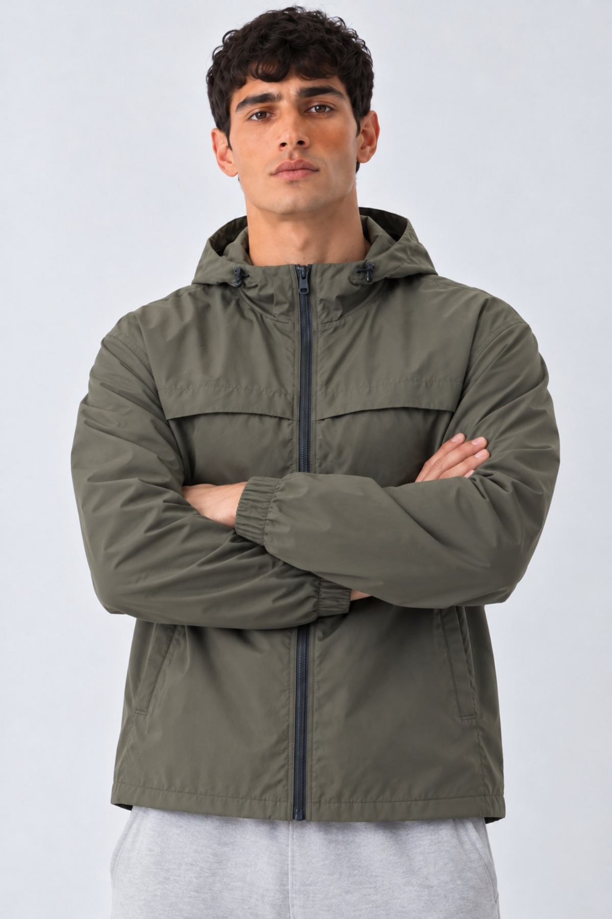Erkek Kapüşonlu Basic Comfort Fit Yağmurluk Haki 5