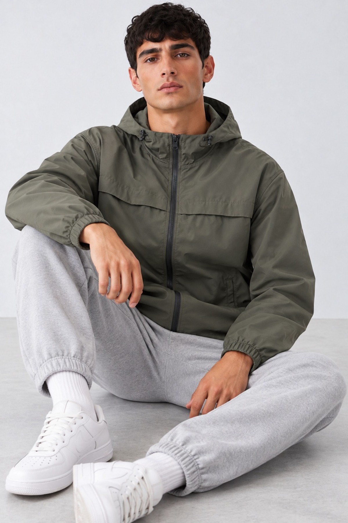 Erkek Kapüşonlu Basic Comfort Fit Yağmurluk Haki 4