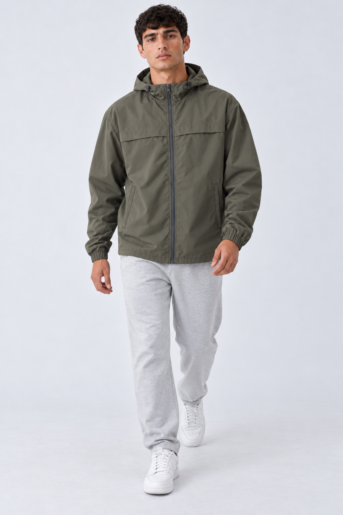 Erkek Kapüşonlu Basic Comfort Fit Yağmurluk Haki 6