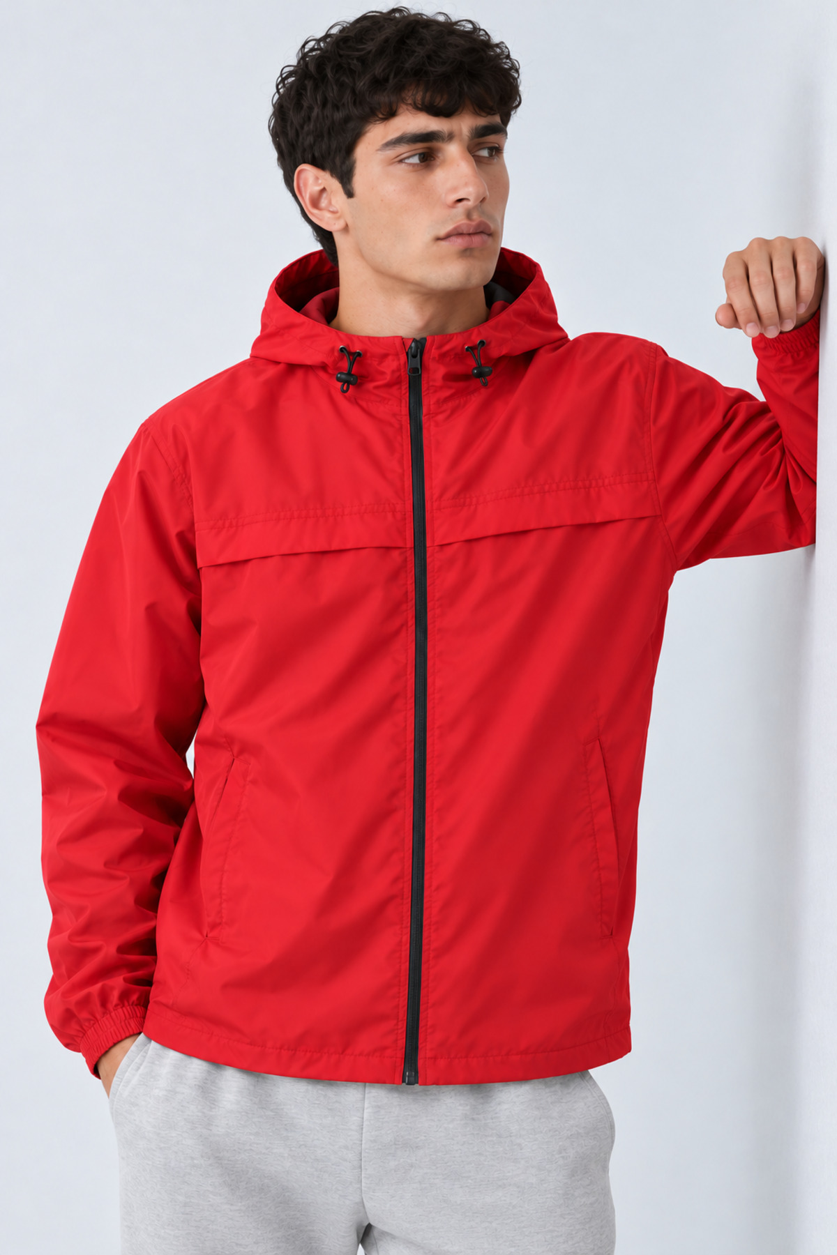 Erkek Kapüşonlu Basic Comfort Fit Yağmurluk Kırmızı 3