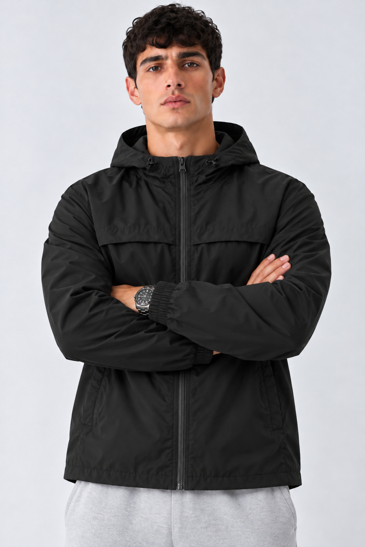 Erkek Kapüşonlu Basic Comfort Fit Yağmurluk Siyah 5