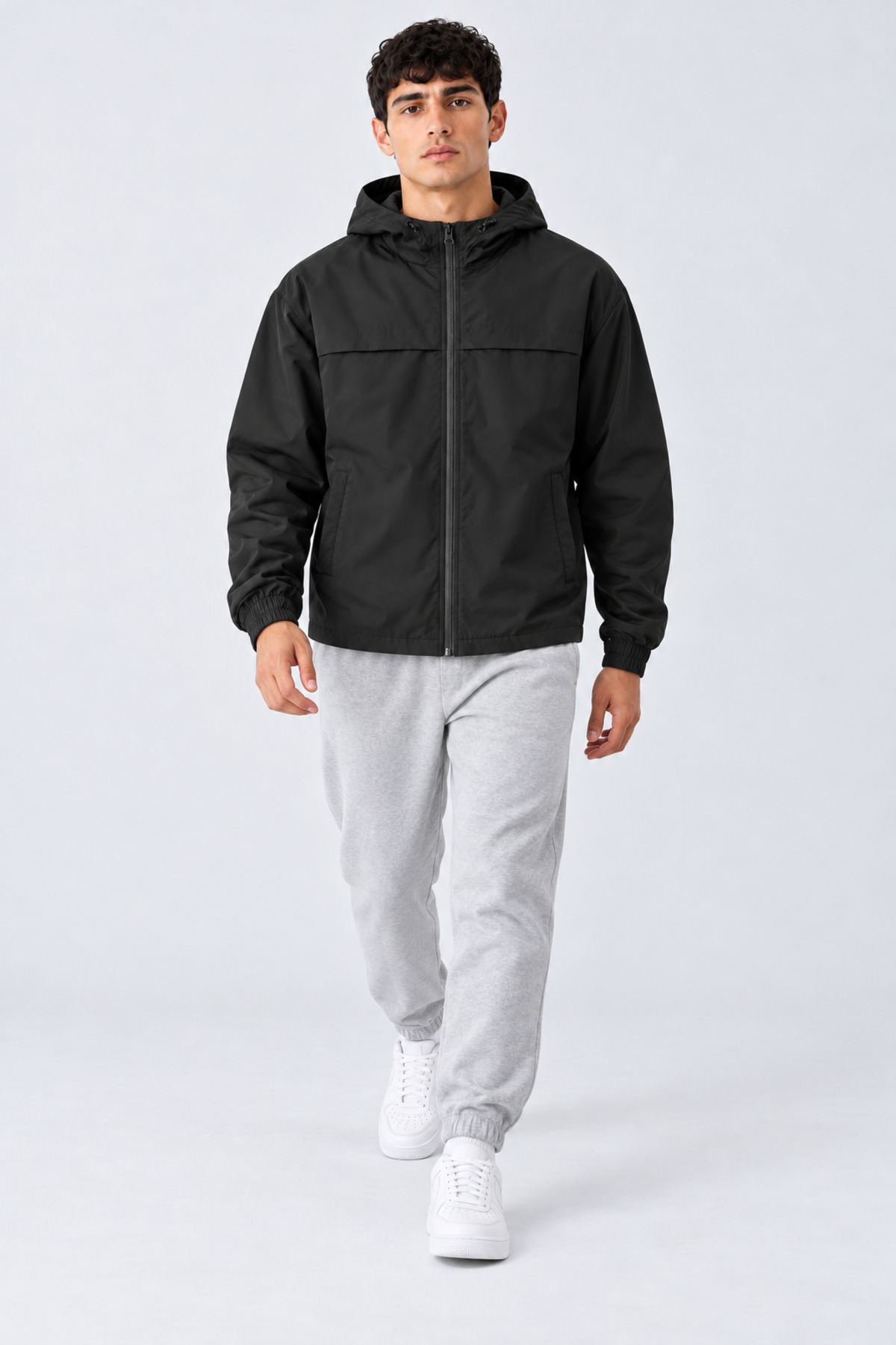 Erkek Kapüşonlu Basic Comfort Fit Yağmurluk Siyah 6