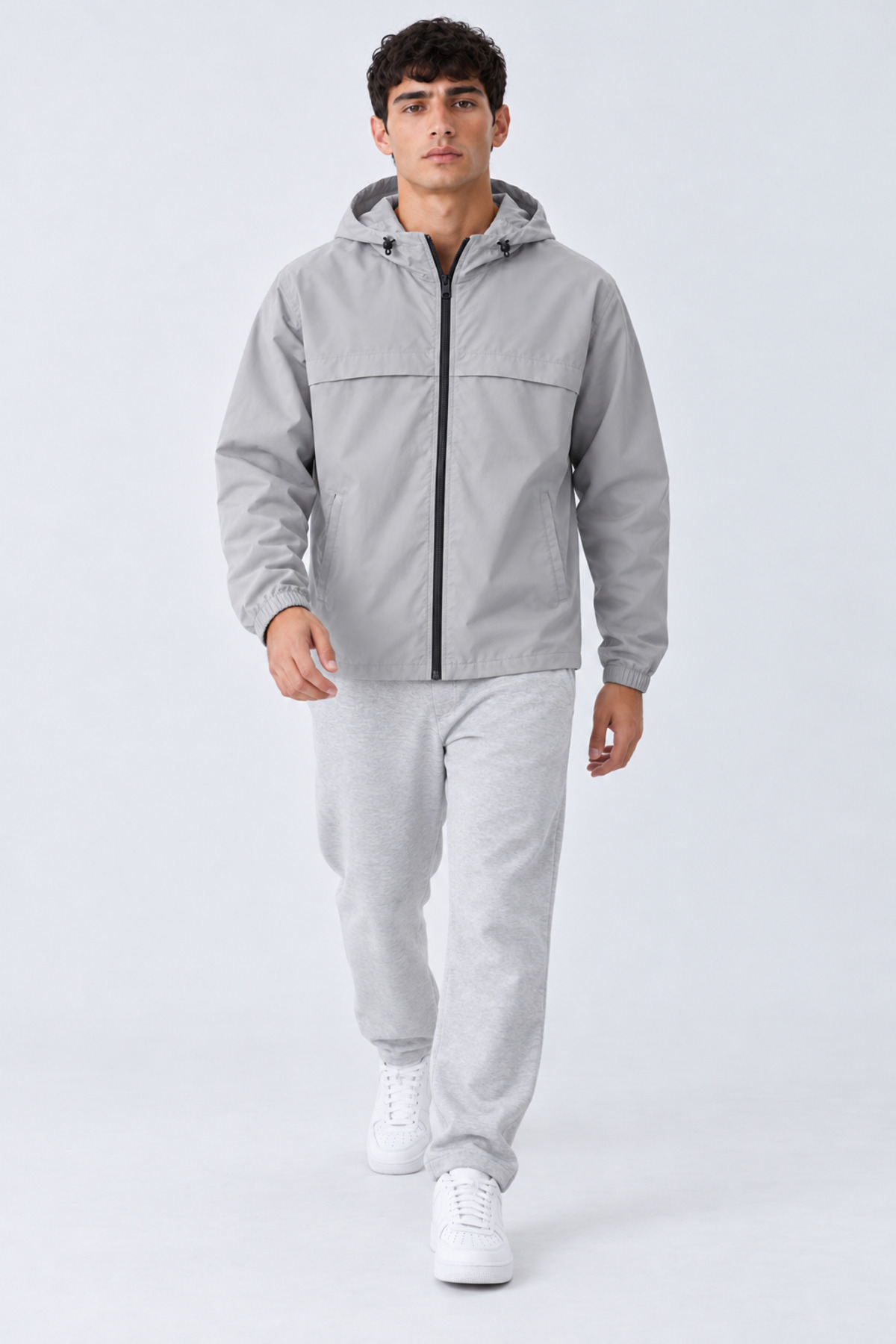 Erkek Kapüşonlu Basic Comfort Fit Yağmurluk Taş 6
