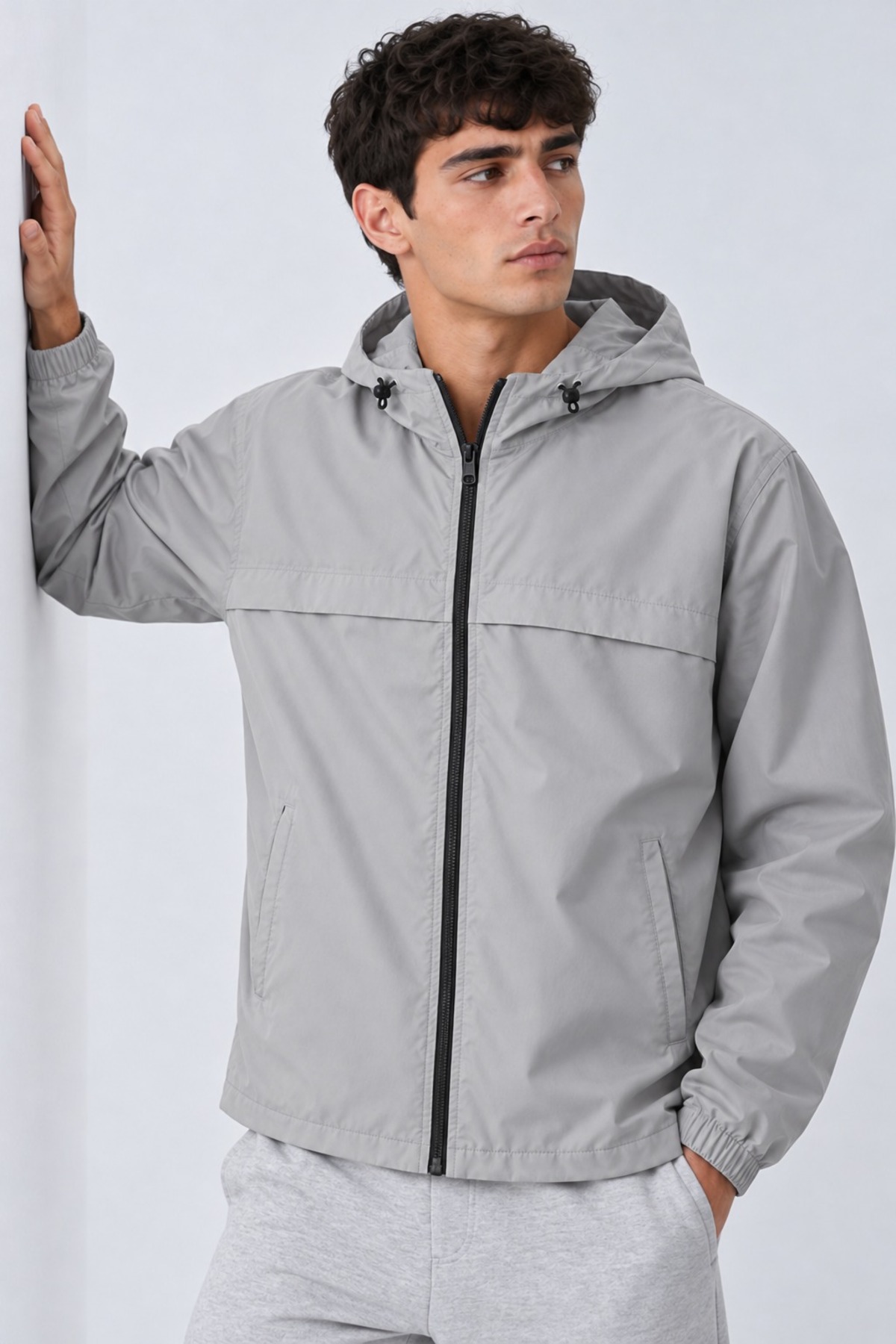 Erkek Kapüşonlu Basic Comfort Fit Yağmurluk Taş 3
