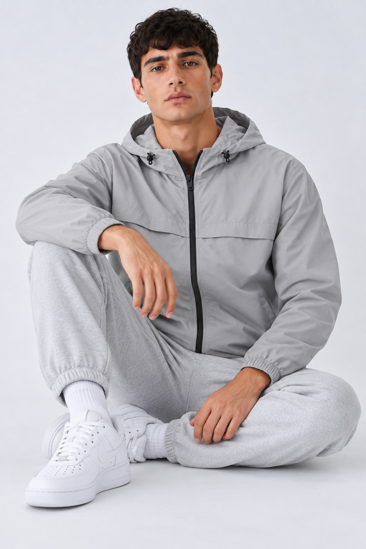 Erkek Kapüşonlu Basic Comfort Fit Yağmurluk Taş 4