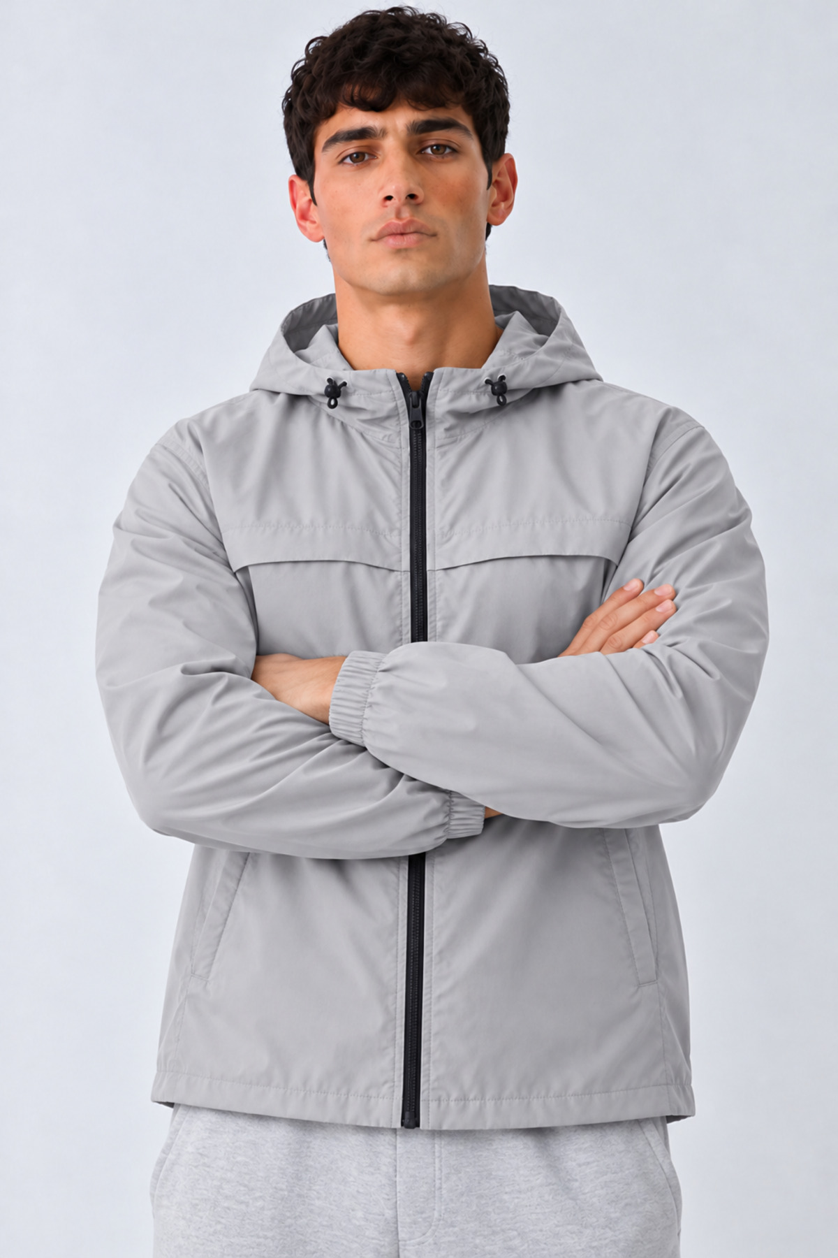 Erkek Kapüşonlu Basic Comfort Fit Yağmurluk Taş 5