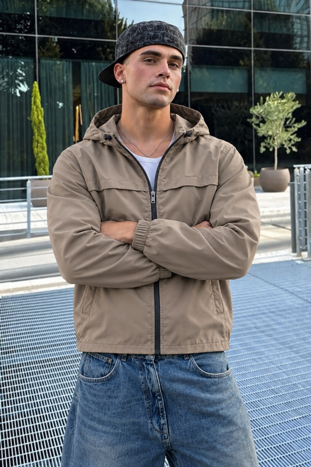 Erkek Kapüşonlu Su Geçirmez Casual Bej Yağmurluk 5