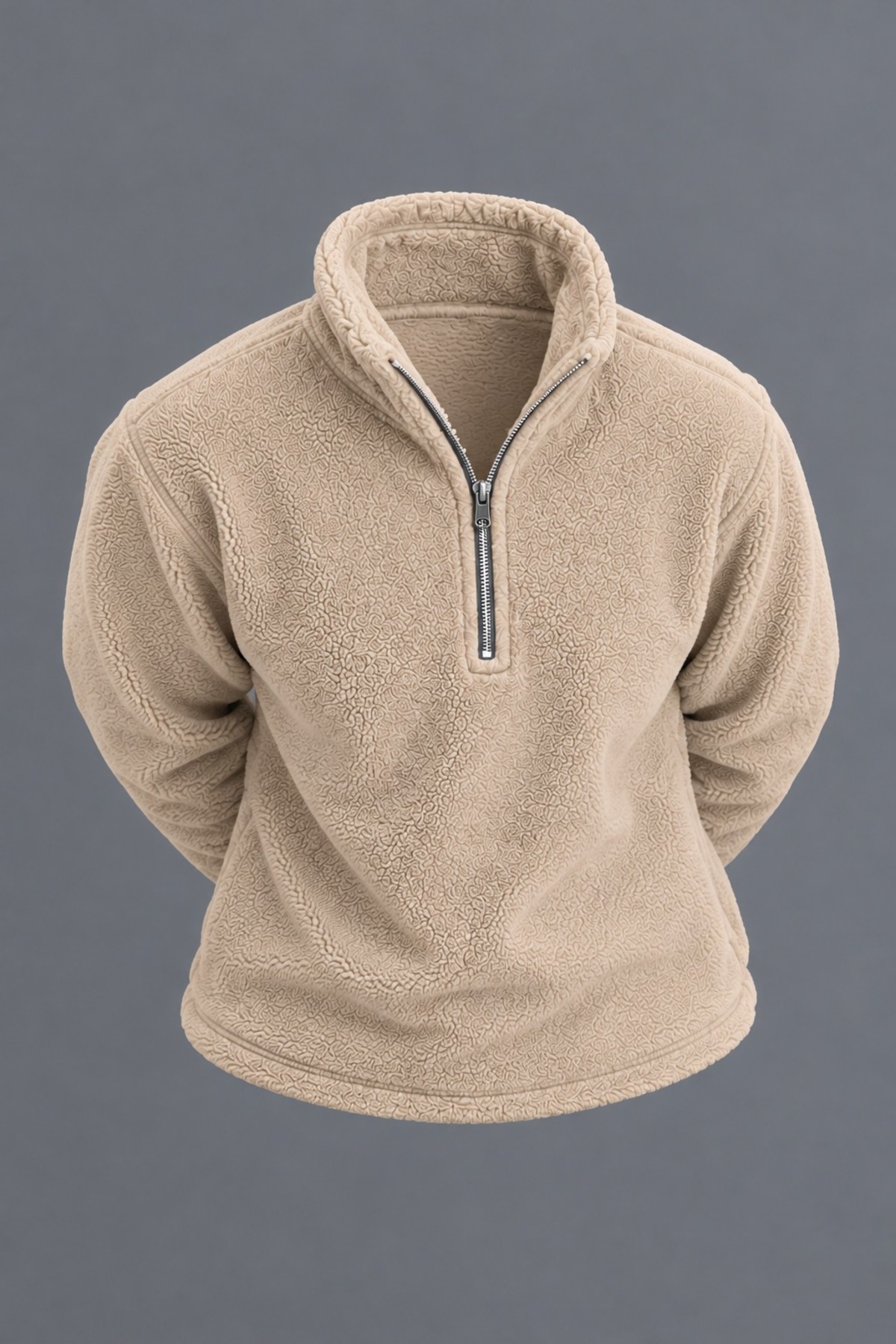 Erkek Dik Yaka Yarım Fermuarlı Kışlık Bej Polar Sweatshirt 3