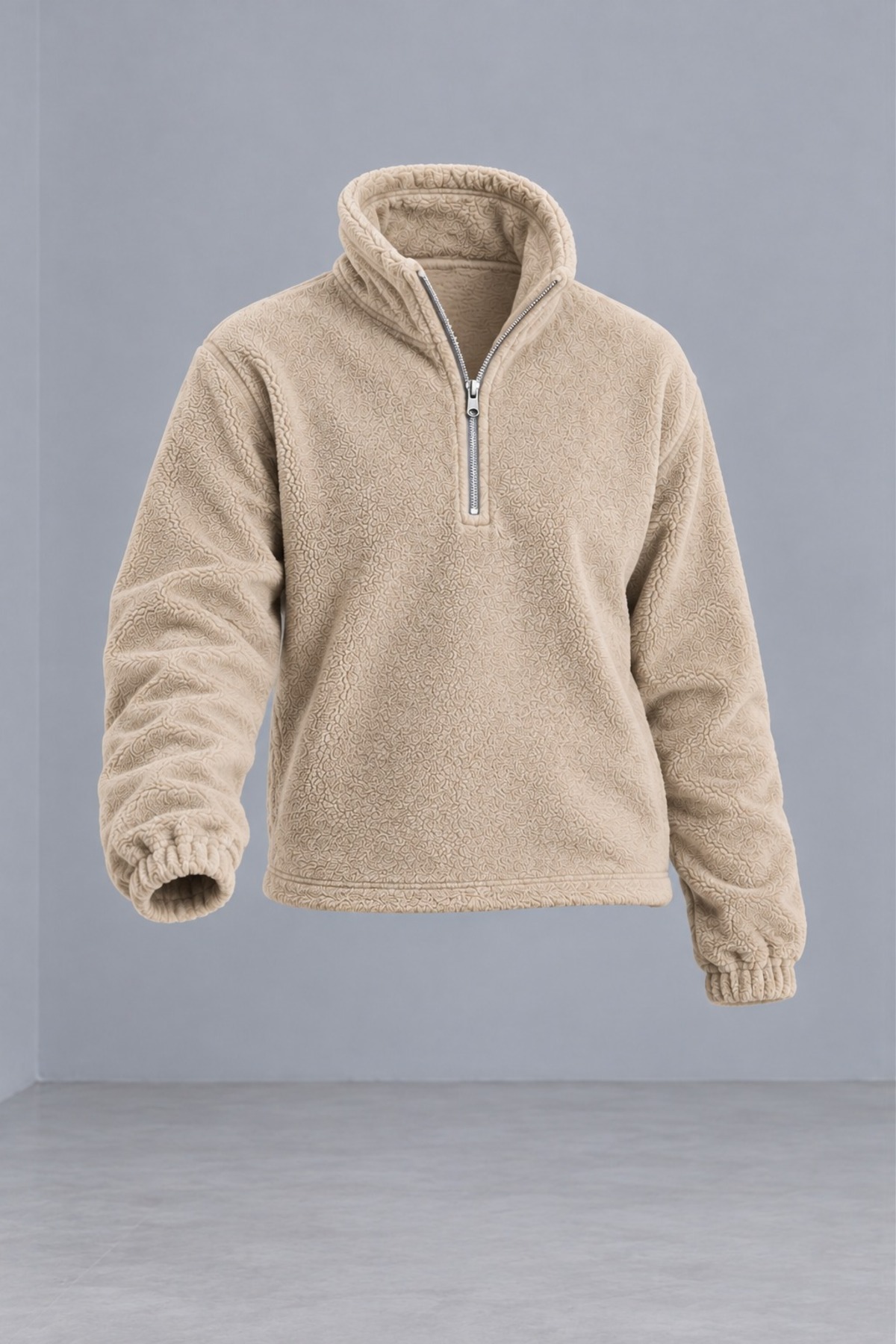 Erkek Dik Yaka Yarım Fermuarlı Kışlık Bej Polar Sweatshirt 4