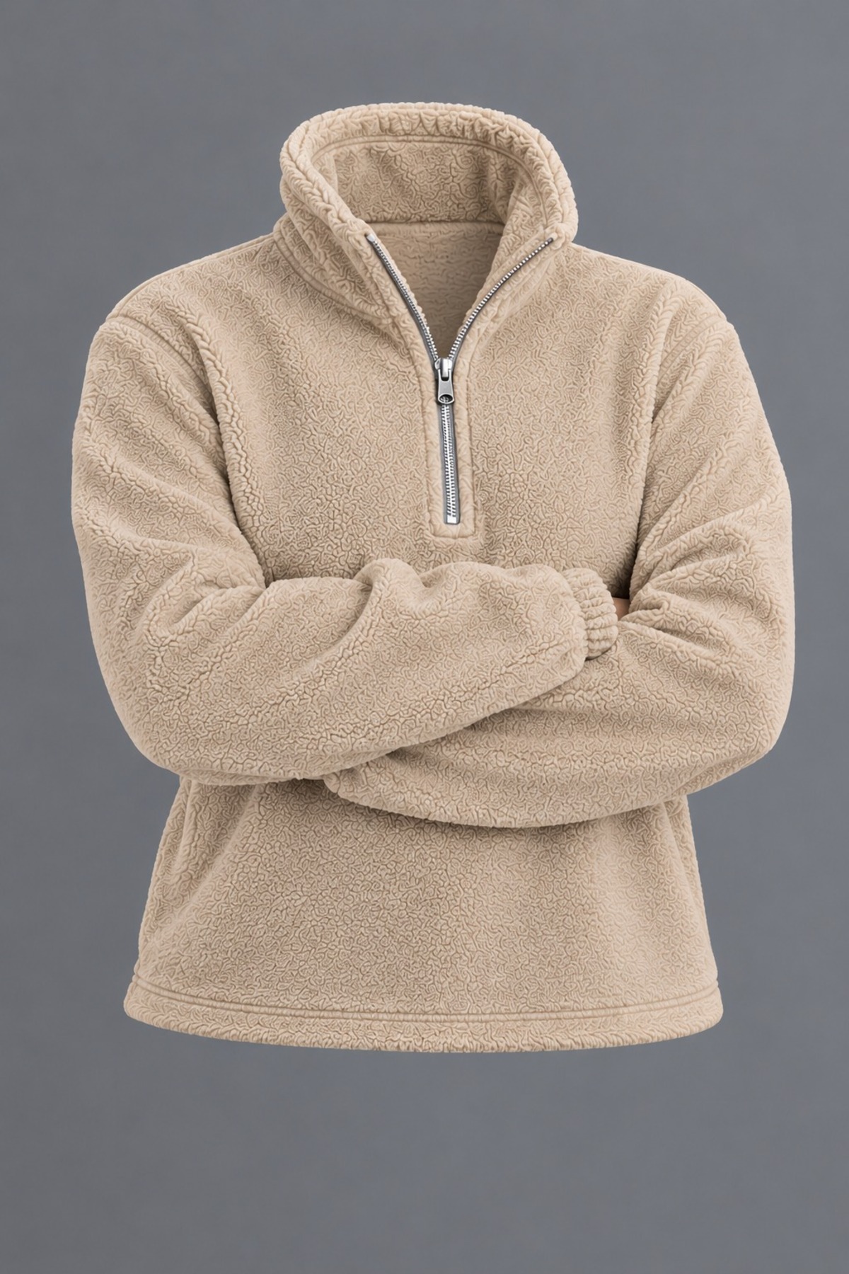 Erkek Dik Yaka Yarım Fermuarlı Kışlık Bej Polar Sweatshirt 6