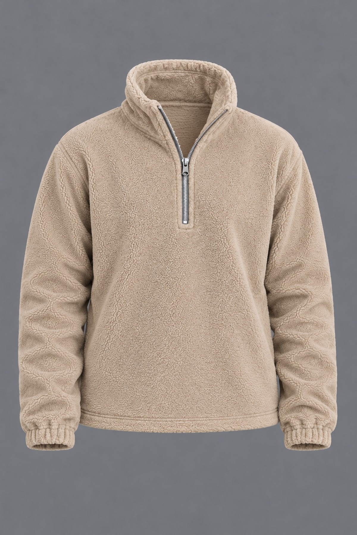 Erkek Dik Yaka Yarım Fermuarlı Kışlık Bej Polar Sweatshirt 5