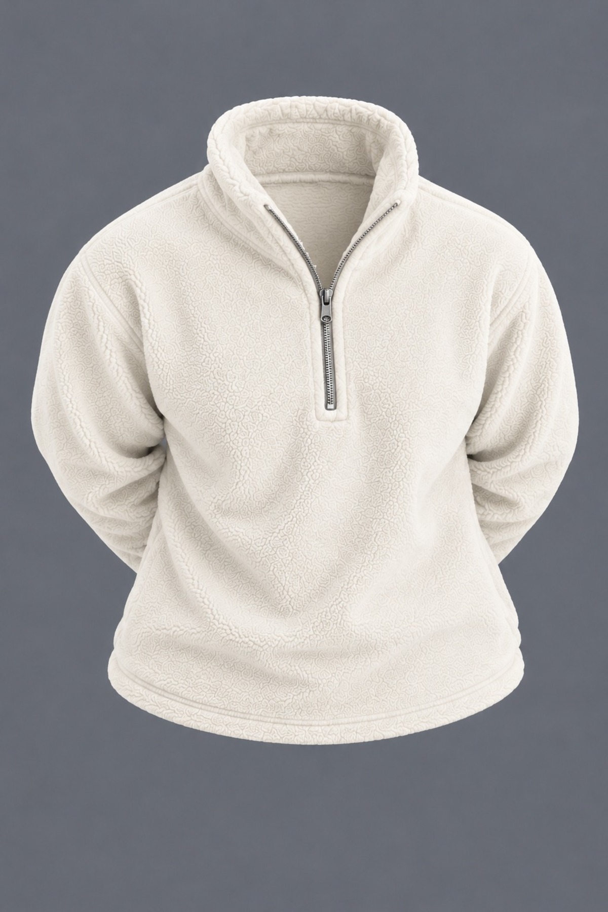 Erkek Dik Yaka Yarım Fermuarlı Kışlık Ekru Polar Sweatshirt 3